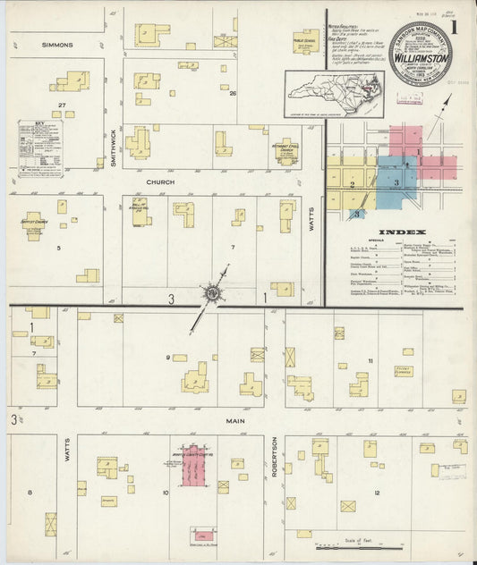 Sanborn Fire Insurance Map from Williamston, Martin County, North Carolina (1913), Sheet #0001 - Complete Map Set gallery image, historic Sanborn map, vintage wall art, North Carolina North Carolina