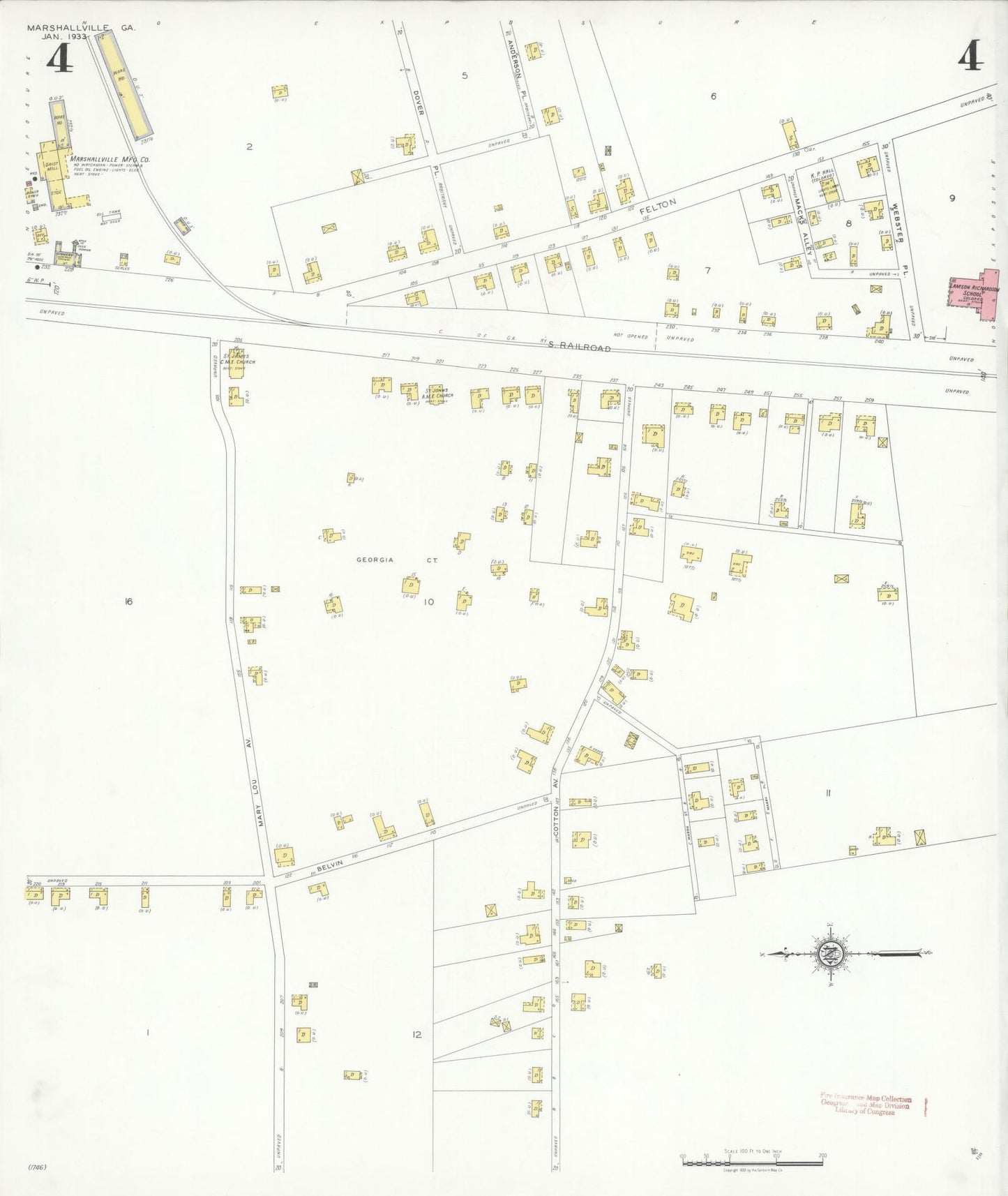 Sanborn Fire Insurance Map from Marshallville, Macon County, Georgia (1933), Sheet #0004 - Historic Sanborn Fire Insurance Map Print, vintage old map wall art, antique decor, genealogy gift, Georgia Georgia map