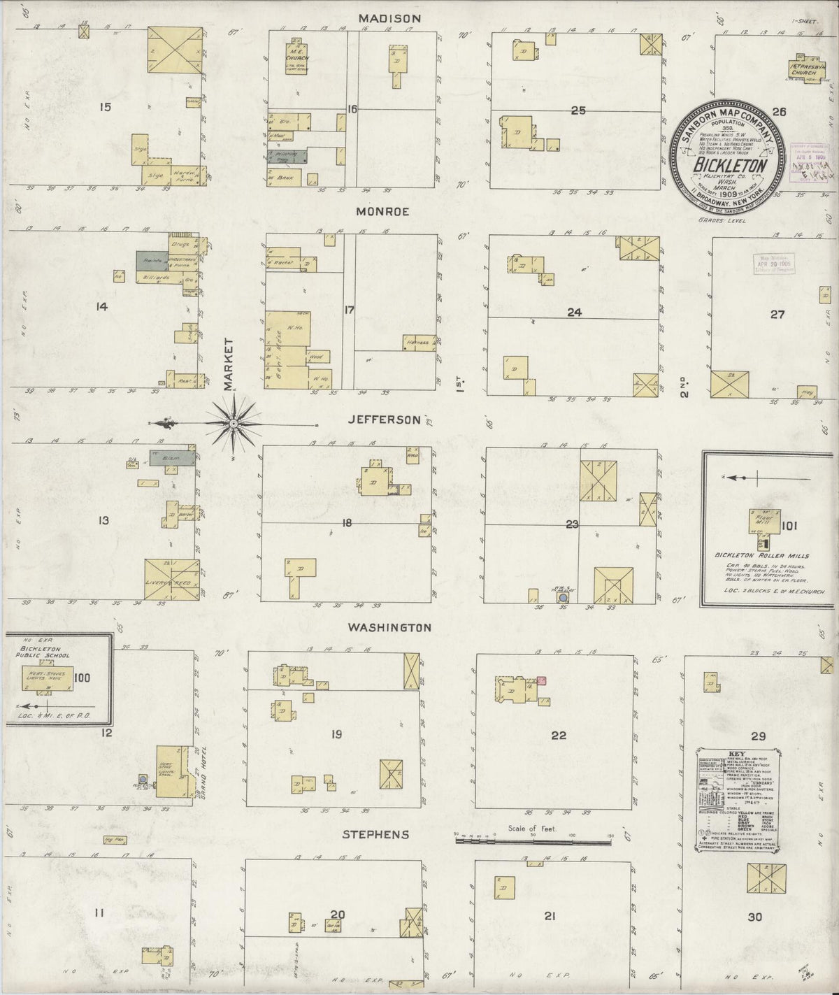 Sanborn Fire Insurance Map from Bickleton, Klickitat County, Washington (1909), Sheet #0001 - Historic Sanborn Fire Insurance Map Print, vintage old map wall art, antique decor, genealogy gift, Washington Washington map