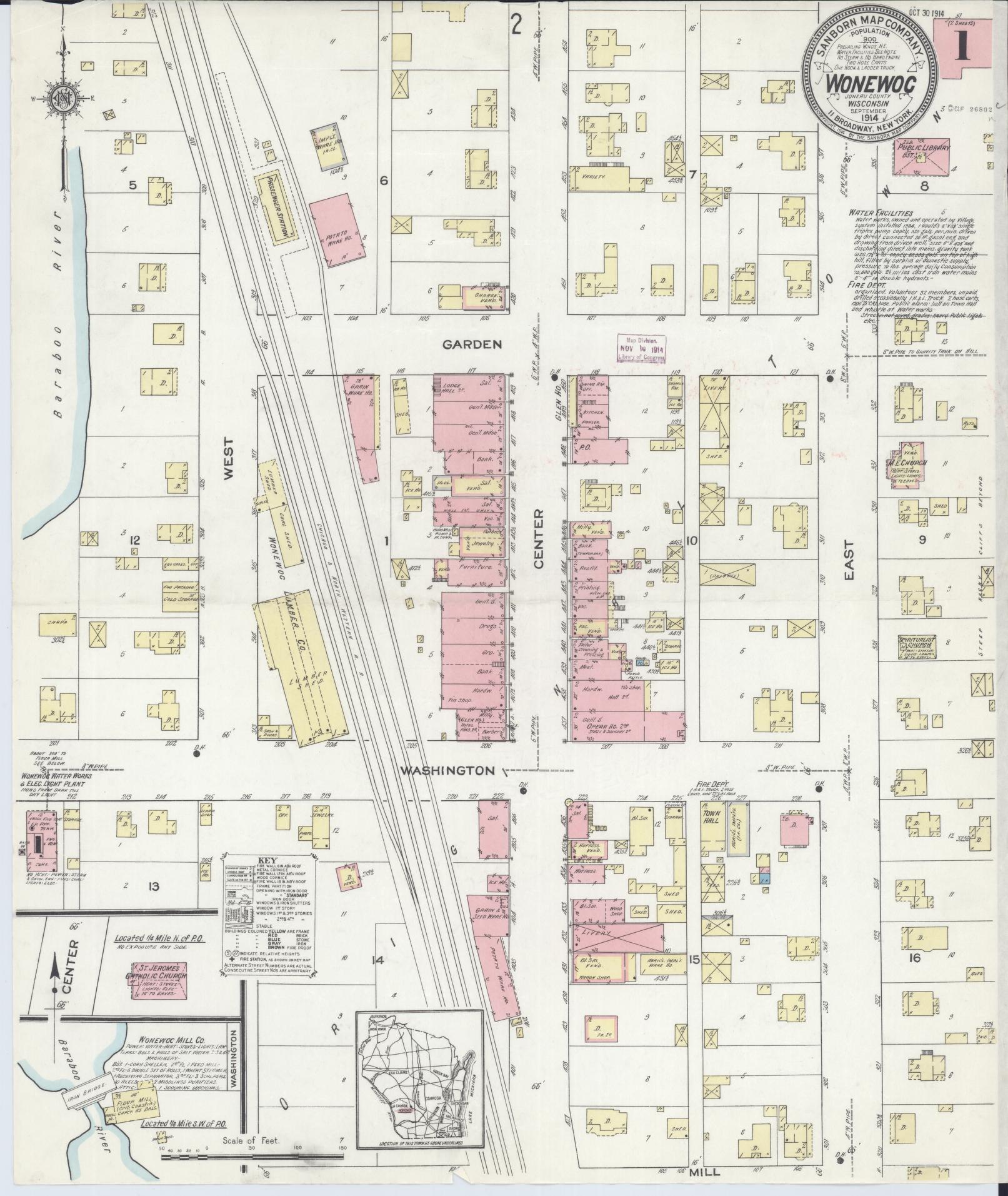 Sanborn Fire Insurance Map from Wonewoc, Juneau County, Wisconsin (1914), Sheet #0001 - Complete Map Set gallery image, historic Sanborn map, vintage wall art, Wisconsin Wisconsin
