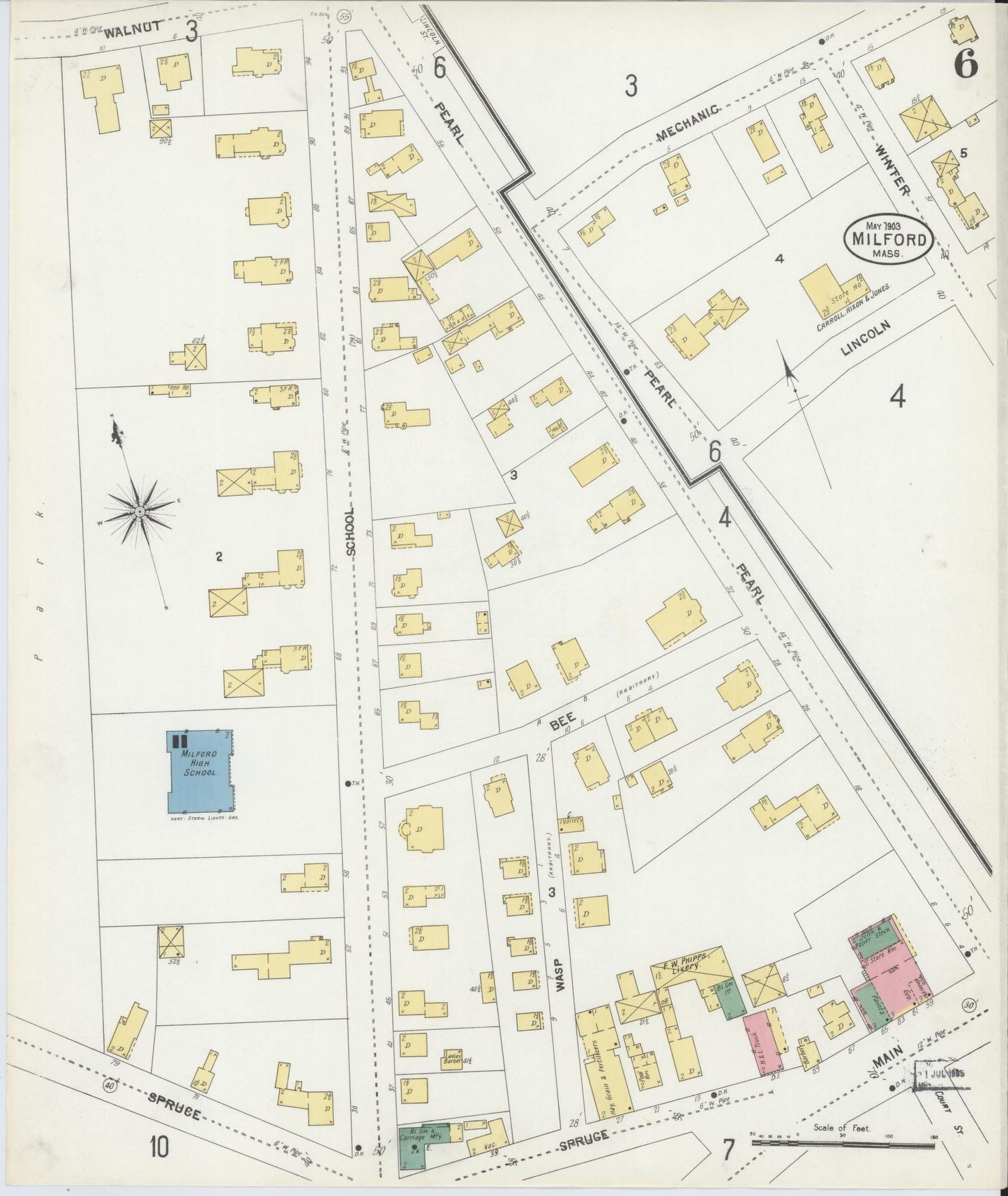 Sanborn Fire Insurance Map from Milford, Worcester County, Massachusetts (1903), Sheet #0006 - Complete Map Set gallery image, historic Sanborn map, vintage wall art, Massachusetts Massachusetts