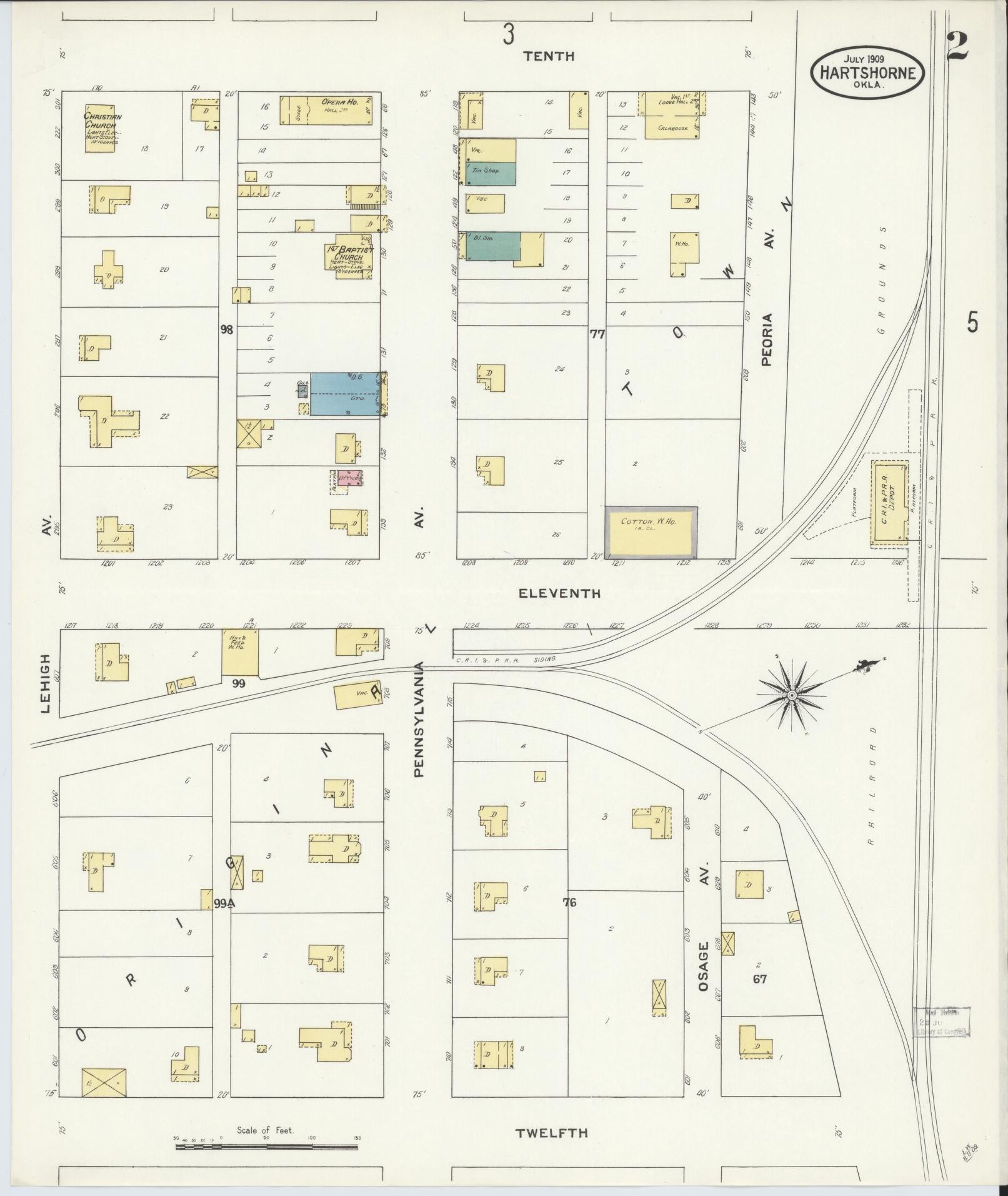 Sanborn Fire Insurance Map from Hartshorne, Pittsburg County, Oklahoma (1909), Sheet #0002 - Complete Map Set gallery image, historic Sanborn map, vintage wall art, Oklahoma Oklahoma