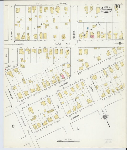 Sanborn Fire Insurance Map from Adrian, Lenawee County, Michigan (1916), Sheet #0010 - Historic Sanborn Fire Insurance Map Print, vintage old map wall art, antique decor, genealogy gift, Michigan Michigan map