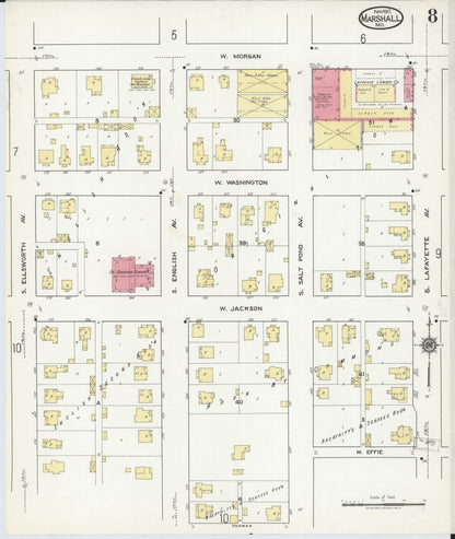 Sanborn Fire Insurance Map from Marshall, Saline County, Missouri (1917), Sheet #0008 - Historic Sanborn Fire Insurance Map Print, vintage old map wall art, antique decor, genealogy gift, Missouri Missouri map