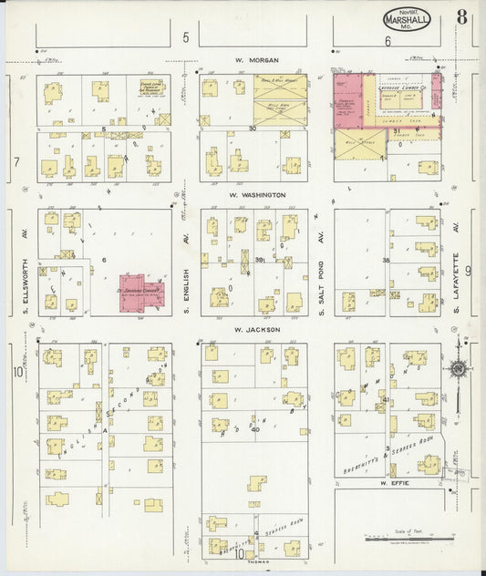 Sanborn Fire Insurance Map from Marshall, Saline County, Missouri (1917), Sheet #0008 - Historic Sanborn Fire Insurance Map Print, vintage old map wall art, antique decor, genealogy gift, Missouri Missouri map