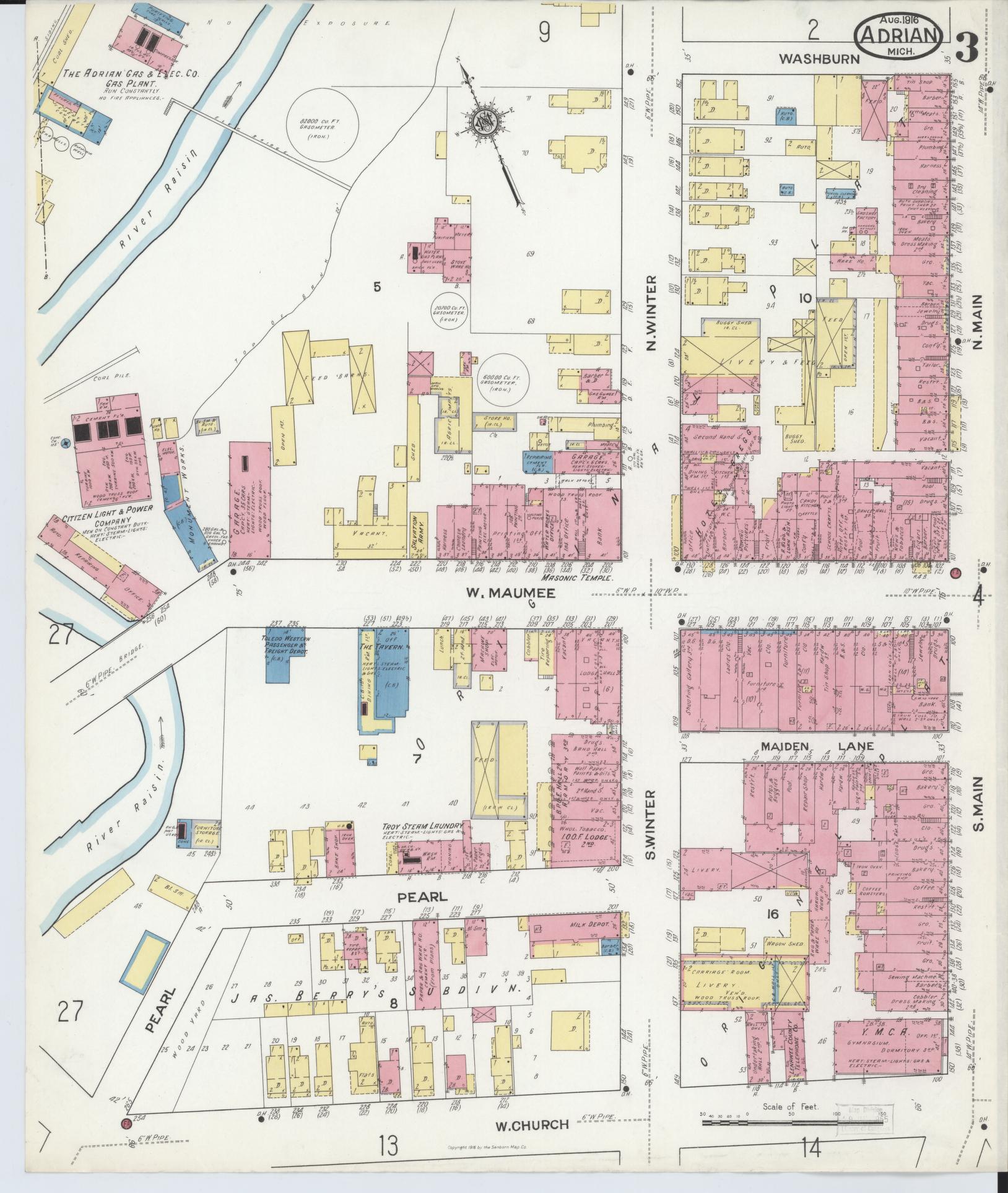 Sanborn Fire Insurance Map from Adrian, Lenawee County, Michigan (1916), Sheet #0003 - Complete Map Set gallery image, historic Sanborn map, vintage wall art, Michigan Michigan