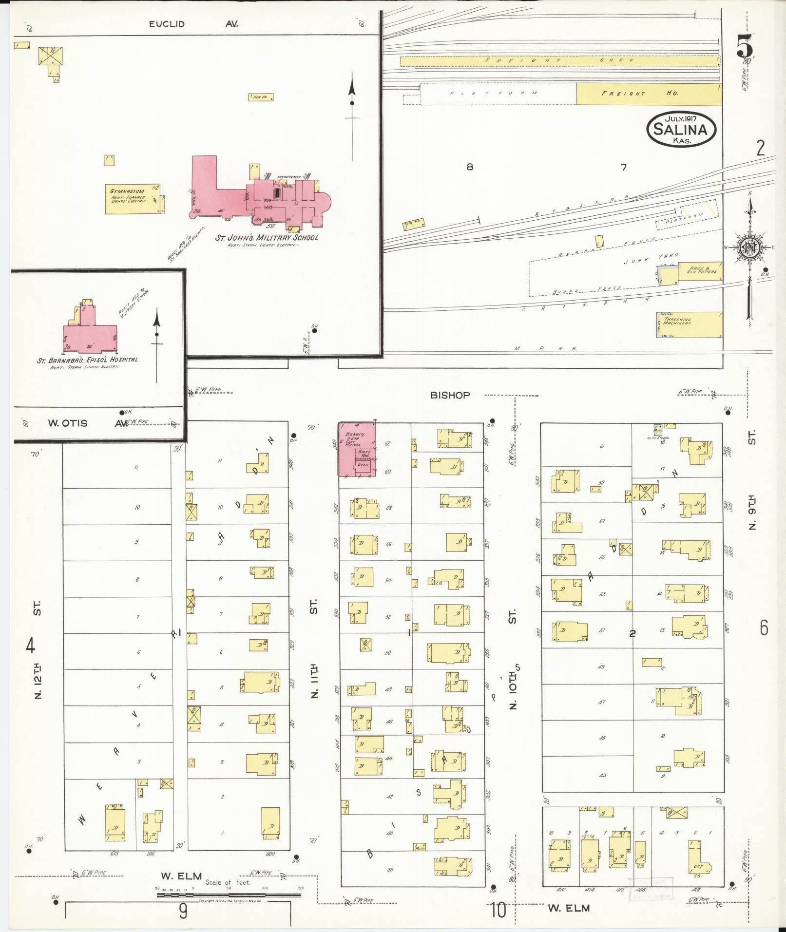Sanborn Fire Insurance Map from Salina, Saline County, Kansas (1917), Sheet #0005 - Historic Sanborn Fire Insurance Map Print, vintage old map wall art, antique decor, genealogy gift, Kansas Kansas map