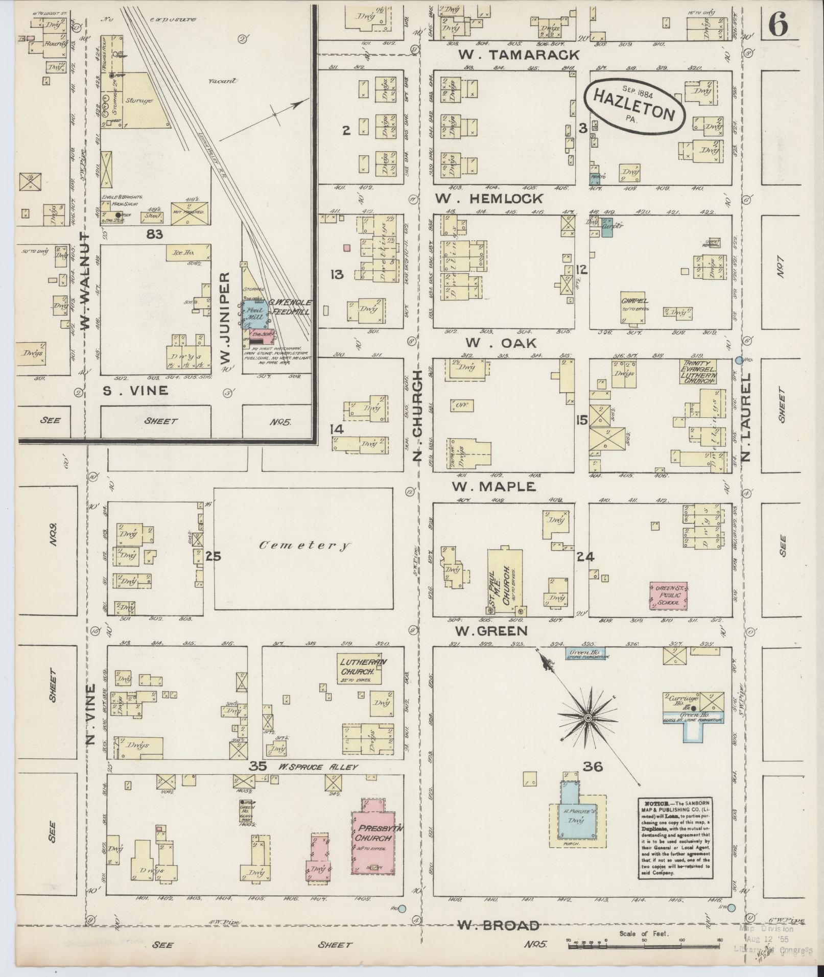 Sanborn Fire Insurance Map from Hazleton, Luzerne County, Pennsylvania (1884), Sheet #0006 - Historic Sanborn Fire Insurance Map Print, vintage old map wall art, antique decor, genealogy gift, Pennsylvania Pennsylvania map