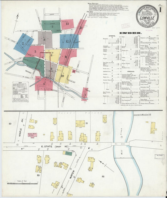 Sanborn Fire Insurance Map from Lowville, Lewis County, New York (1909), Sheet #0001 - Historic Sanborn Fire Insurance Map Print, vintage old map wall art, antique decor, genealogy gift, New York New York map