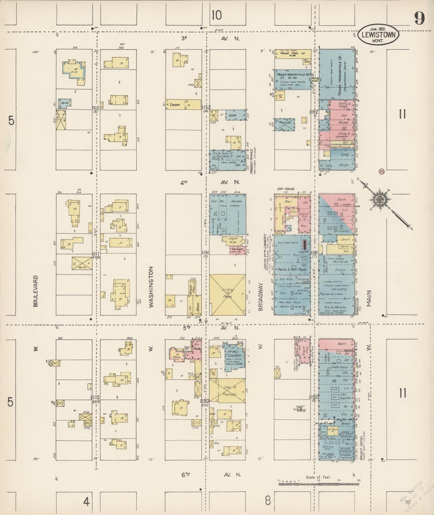 Sanborn Fire Insurance Map from Lewistown, Fergus County, Montana (1913), Sheet #0009 - Historic Sanborn Fire Insurance Map Print, vintage old map wall art, antique decor, genealogy gift, Montana Montana map
