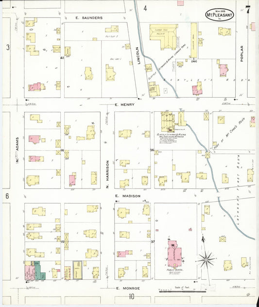 Sanborn Fire Insurance Map from Mount Pleasant, Henry County, Iowa (1909), Sheet #0007 - Historic Sanborn Fire Insurance Map Print, vintage old map wall art