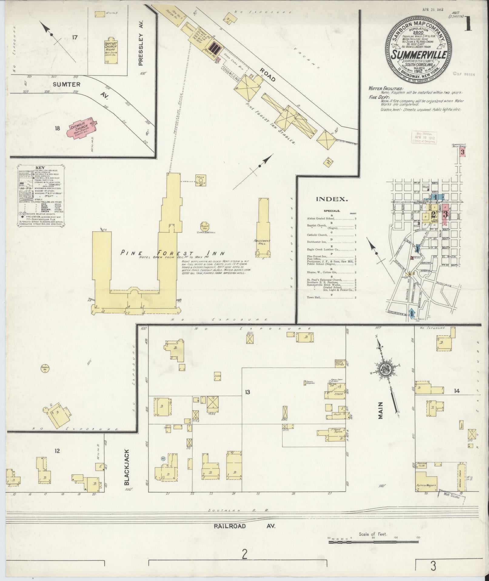 Sanborn Fire Insurance Map from Summerville, Dorchester County, South Carolina (1912), Sheet #0001 - Complete Map Set gallery image, historic Sanborn map, vintage wall art, South Carolina South Carolina