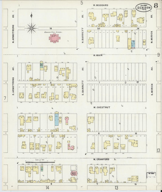 Sanborn Fire Insurance Map from Denison, Grayson County, Texas (1897), Sheet #0008 - Historic Sanborn Fire Insurance Map Print, vintage old map wall art, antique decor, genealogy gift, Texas Texas map