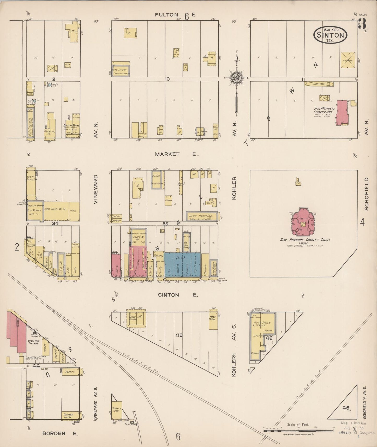 Sanborn Fire Insurance Map from Sinton, San Patricio County, Texas (1922), Sheet #0003 - Historic Sanborn Fire Insurance Map Print, vintage old map wall art, antique decor, genealogy gift, Texas Texas map
