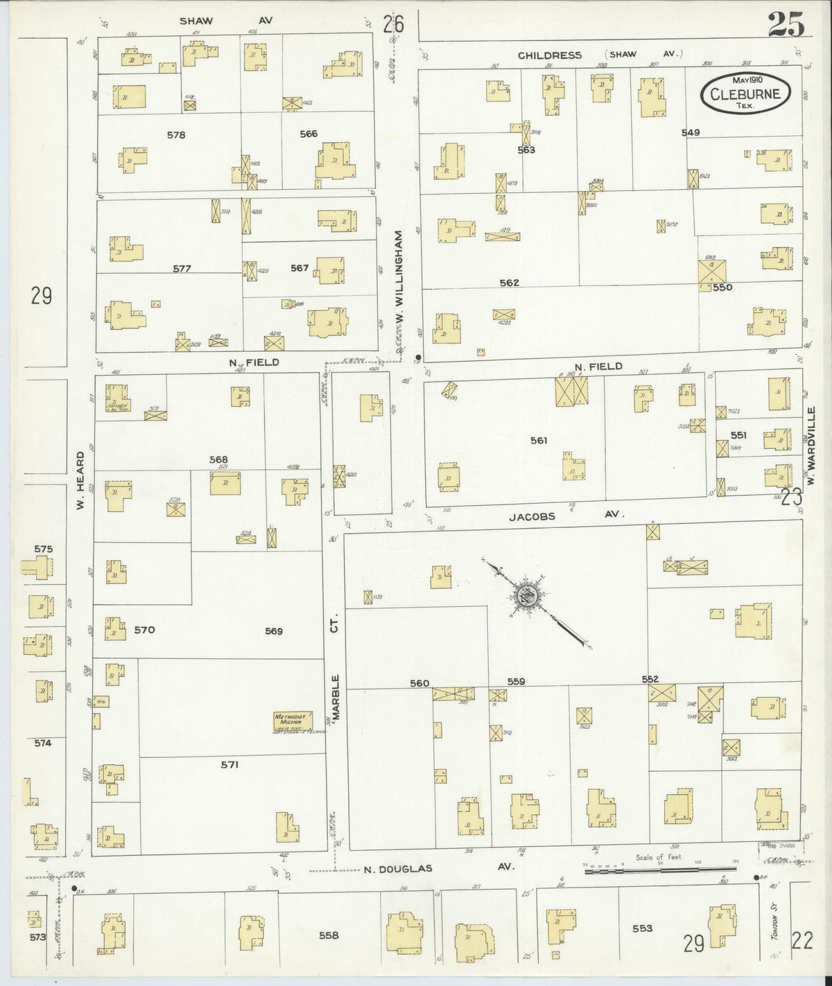 Sanborn Fire Insurance Map from Cleburne, Johnson County, Texas (1910), Sheet #0025 - Complete Map Set gallery image, historic Sanborn map, vintage wall art, Texas Texas