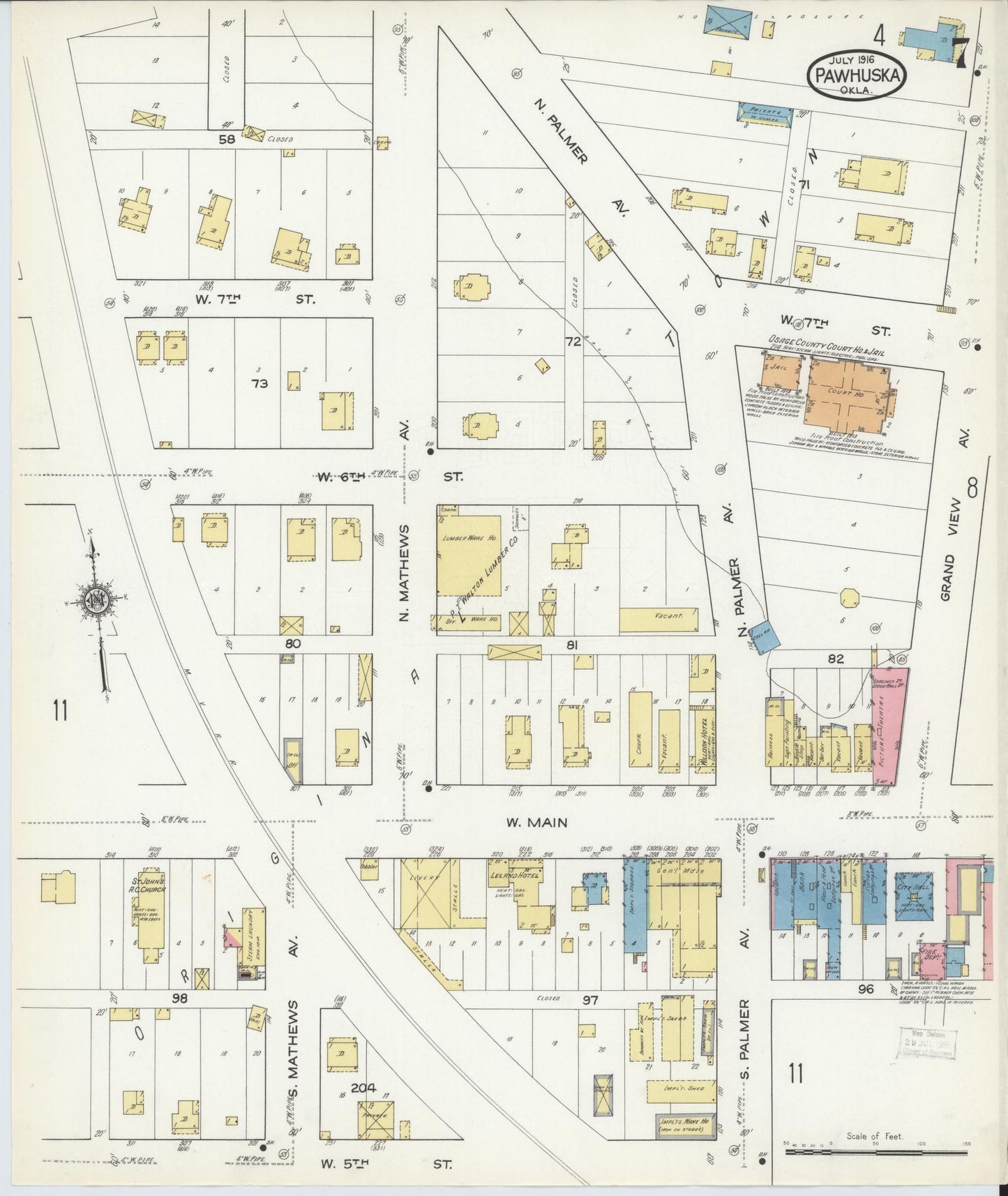 Sanborn Fire Insurance Map from Pawhuska, Osage County, Oklahoma (1916), Sheet #0007 - Complete Map Set gallery image, historic Sanborn map, vintage wall art, Oklahoma Oklahoma