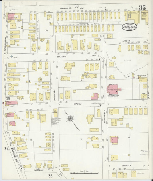 Sanborn Fire Insurance Map from Vicksburg, Warren County, Mississippi (1913), Sheet #0035 - Historic Sanborn Fire Insurance Map Print, vintage old map wall art, antique decor, genealogy gift, Mississippi Mississippi map