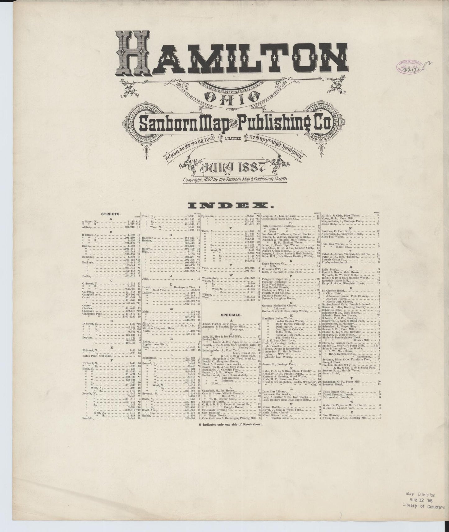 Sanborn Fire Insurance Map from Hamilton, Butler County, Ohio (1887), Sheet #0001 - Historic Sanborn Fire Insurance Map Print, vintage old map wall art, antique decor, genealogy gift, Ohio Ohio map