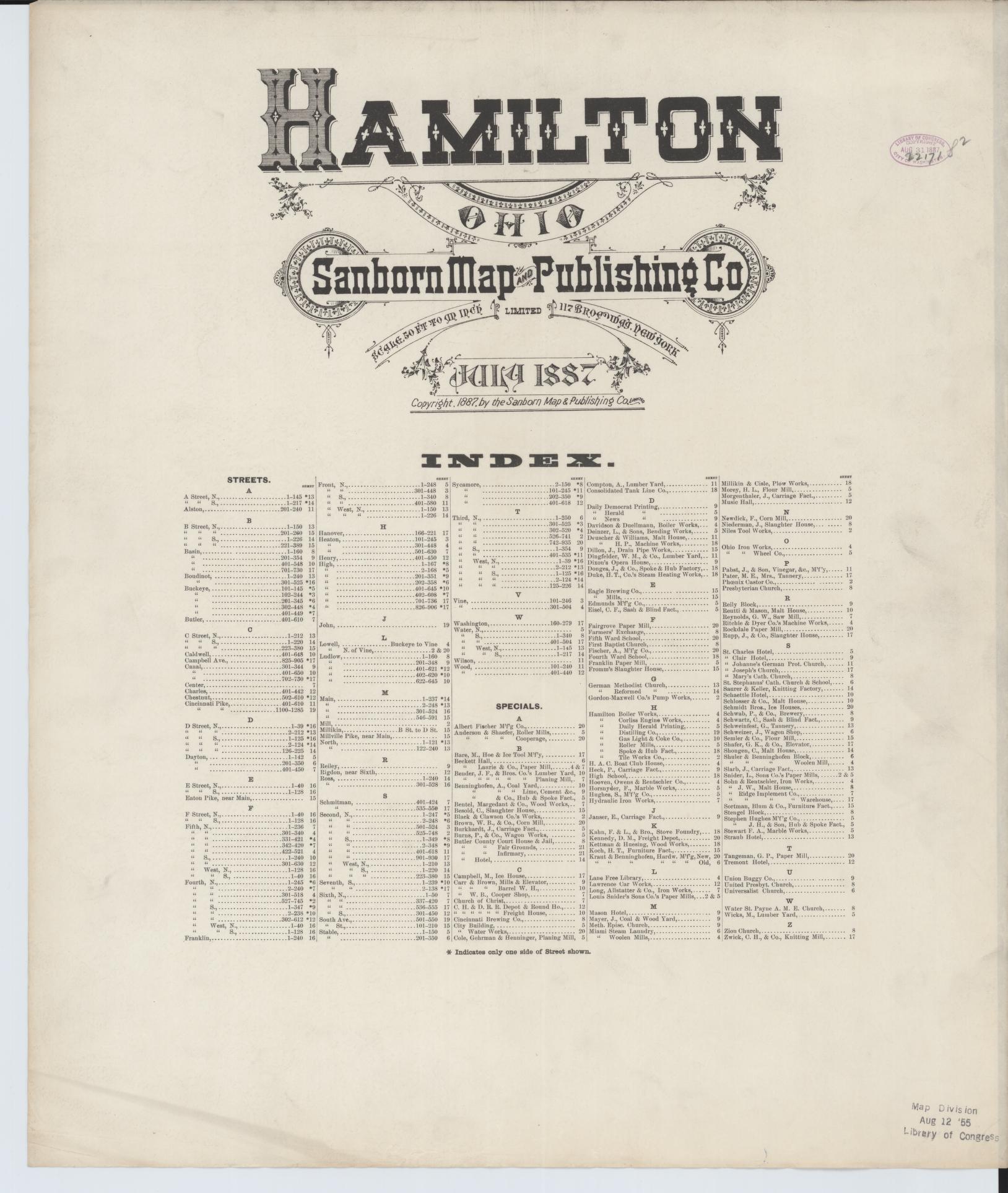 Sanborn Fire Insurance Map from Hamilton, Butler County, Ohio (1887), Sheet #0001 - Historic Sanborn Fire Insurance Map Print, vintage old map wall art, antique decor, genealogy gift, Ohio Ohio map