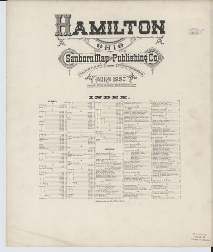 Sanborn Fire Insurance Map from Hamilton, Butler County, Ohio (1887), Sheet #0001 - Historic Sanborn Fire Insurance Map Print, vintage old map wall art, antique decor, genealogy gift, Ohio Ohio map