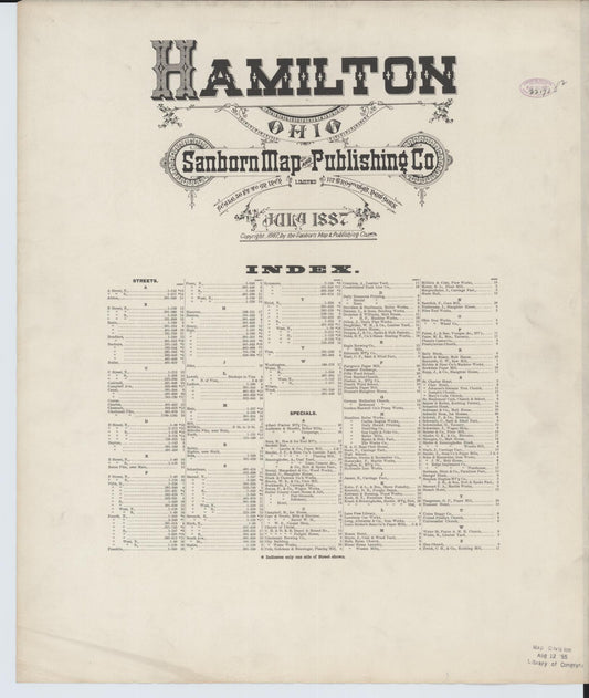 Sanborn Fire Insurance Map from Hamilton, Butler County, Ohio (1887), Sheet #0001 - Historic Sanborn Fire Insurance Map Print, vintage old map wall art, antique decor, genealogy gift, Ohio Ohio map