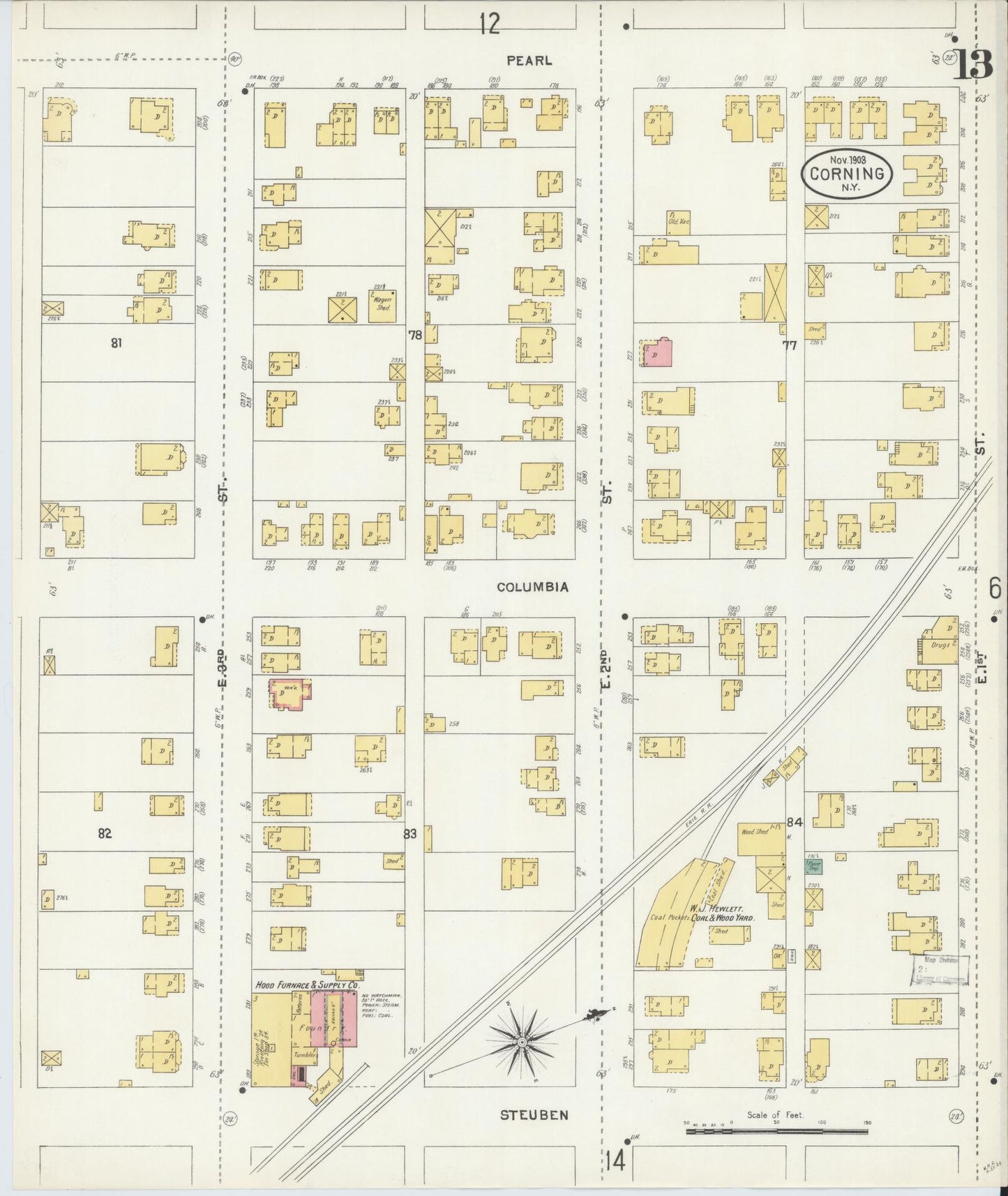 Sanborn Fire Insurance Map from Corning, Steuben County, New York (1903), Sheet #0013 - Complete Map Set gallery image, historic Sanborn map, vintage wall art, New York New York