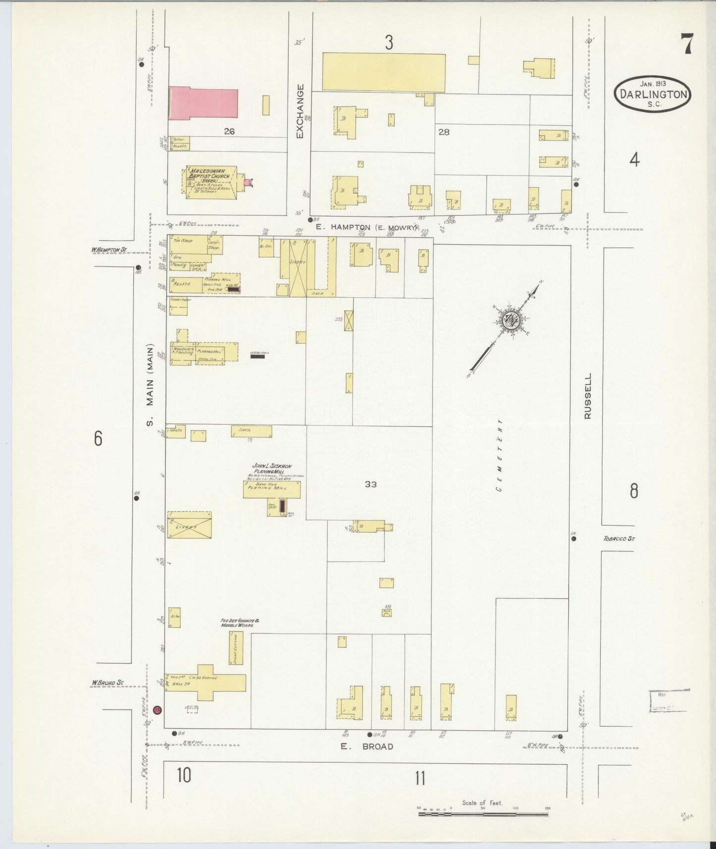 Sanborn Fire Insurance Map from Darlington, Darlington County, South Carolina (1913), Sheet #0007 - Historic Sanborn Fire Insurance Map Print, vintage old map wall art, antique decor, genealogy gift, South Carolina South Carolina map