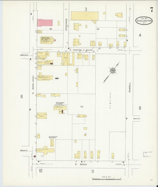 Sanborn Fire Insurance Map from Darlington, Darlington County, South Carolina (1913), Sheet #0007 - Historic Sanborn Fire Insurance Map Print, vintage old map wall art, antique decor, genealogy gift, South Carolina South Carolina map
