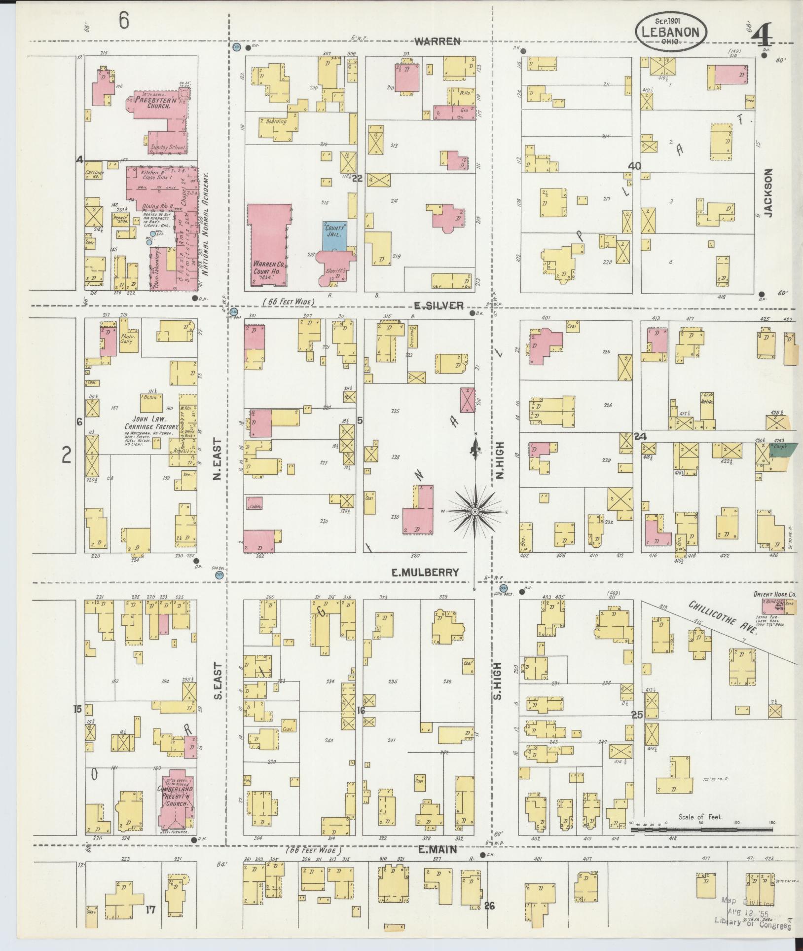 Sanborn Fire Insurance Map from Lebanon, Warren County, Ohio (1901), Sheet #0004 - Historic Sanborn Fire Insurance Map Print, vintage old map wall art, antique decor, genealogy gift, Ohio Ohio map