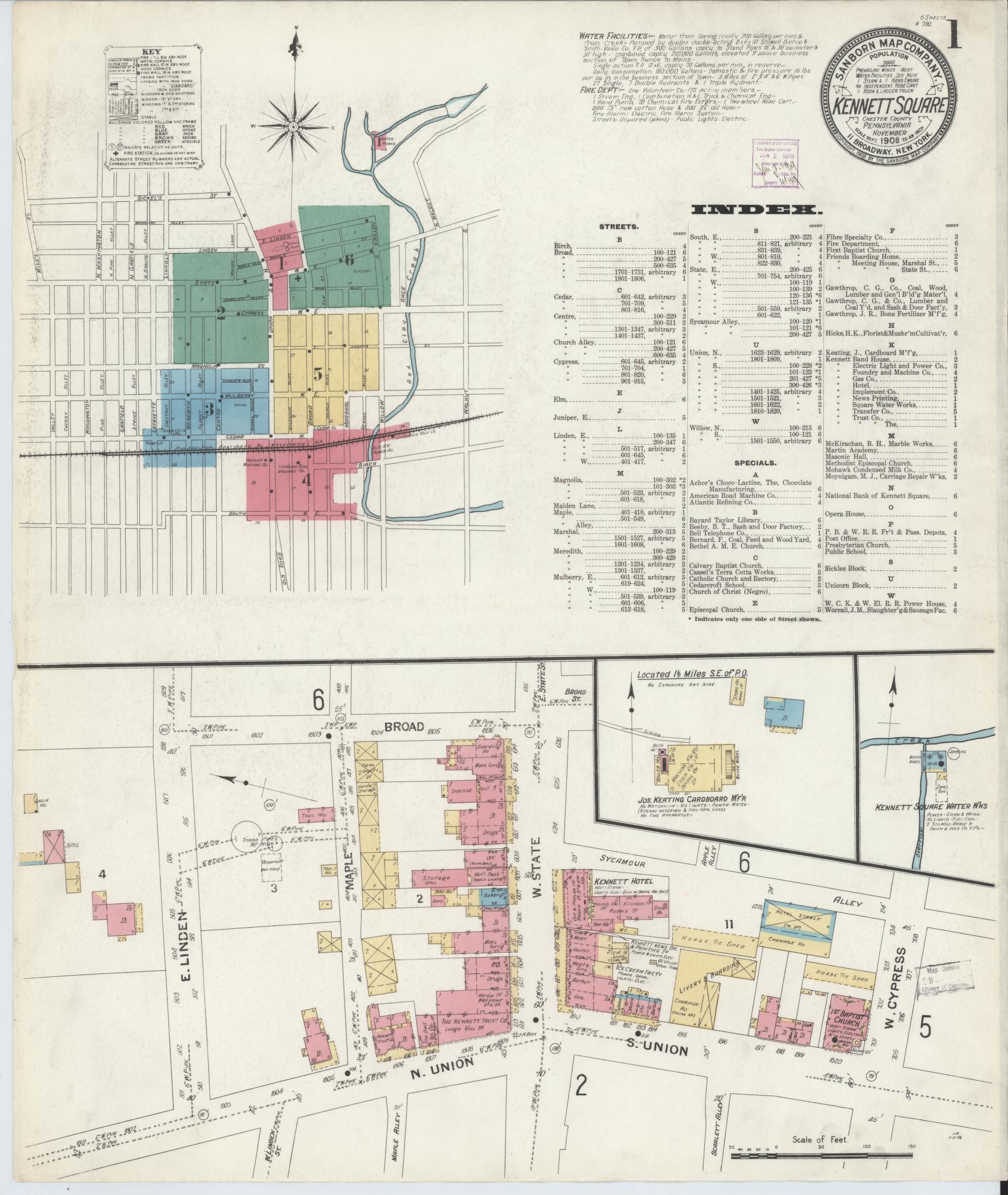 Sanborn Fire Insurance Map from Kennett Square, Chester County, Pennsylvania. (1908) – Historic Sanborn Fire Insurance Map Print