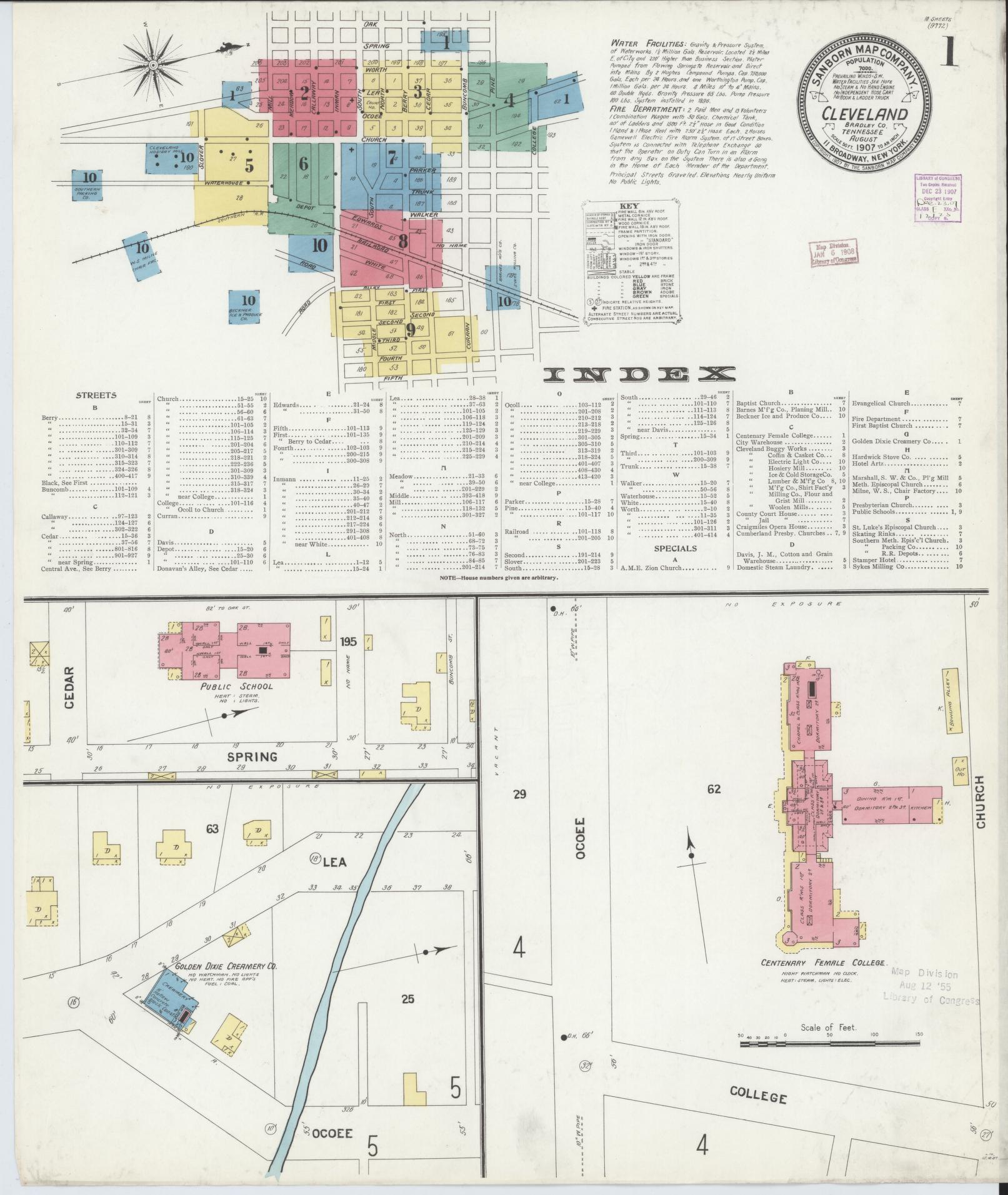 Sanborn Fire Insurance Map from Cleveland, Bradley County, Tennessee (1907), Sheet #0001 - Complete Map Set gallery image, historic Sanborn map, vintage wall art, Tennessee Tennessee