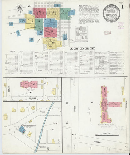 Sanborn Fire Insurance Map from Cleveland, Bradley County, Tennessee (1907), Sheet #0001 - Complete Map Set gallery image, historic Sanborn map, vintage wall art, Tennessee Tennessee