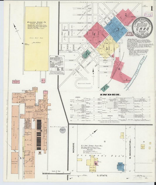 Sanborn Fire Insurance Map from Caro, Tuscola County, Michigan (1909), Sheet #0001 - Historic Sanborn Fire Insurance Map Print, vintage old map wall art, antique decor, genealogy gift, Michigan Michigan map