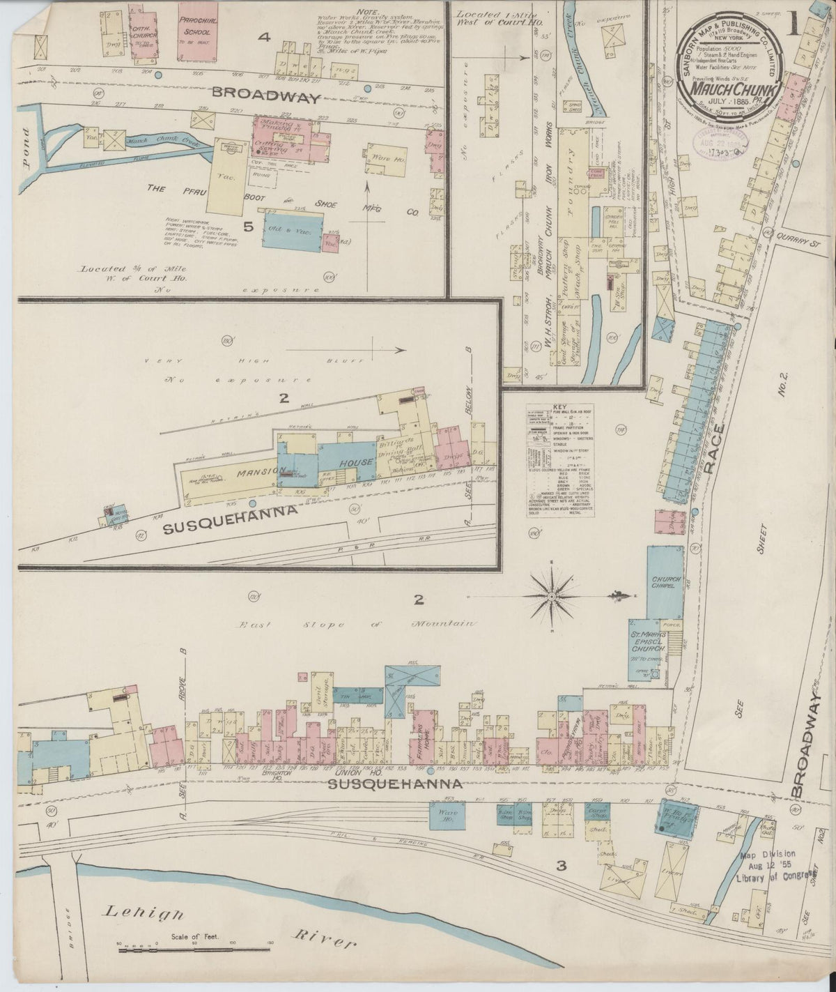 Sanborn Fire Insurance Map from Mauch Chunk, Carbon County, Pennsylvania (1885), Sheet #0001 - Historic Sanborn Fire Insurance Map Print, vintage old map wall art, antique decor, genealogy gift, Pennsylvania Pennsylvania map