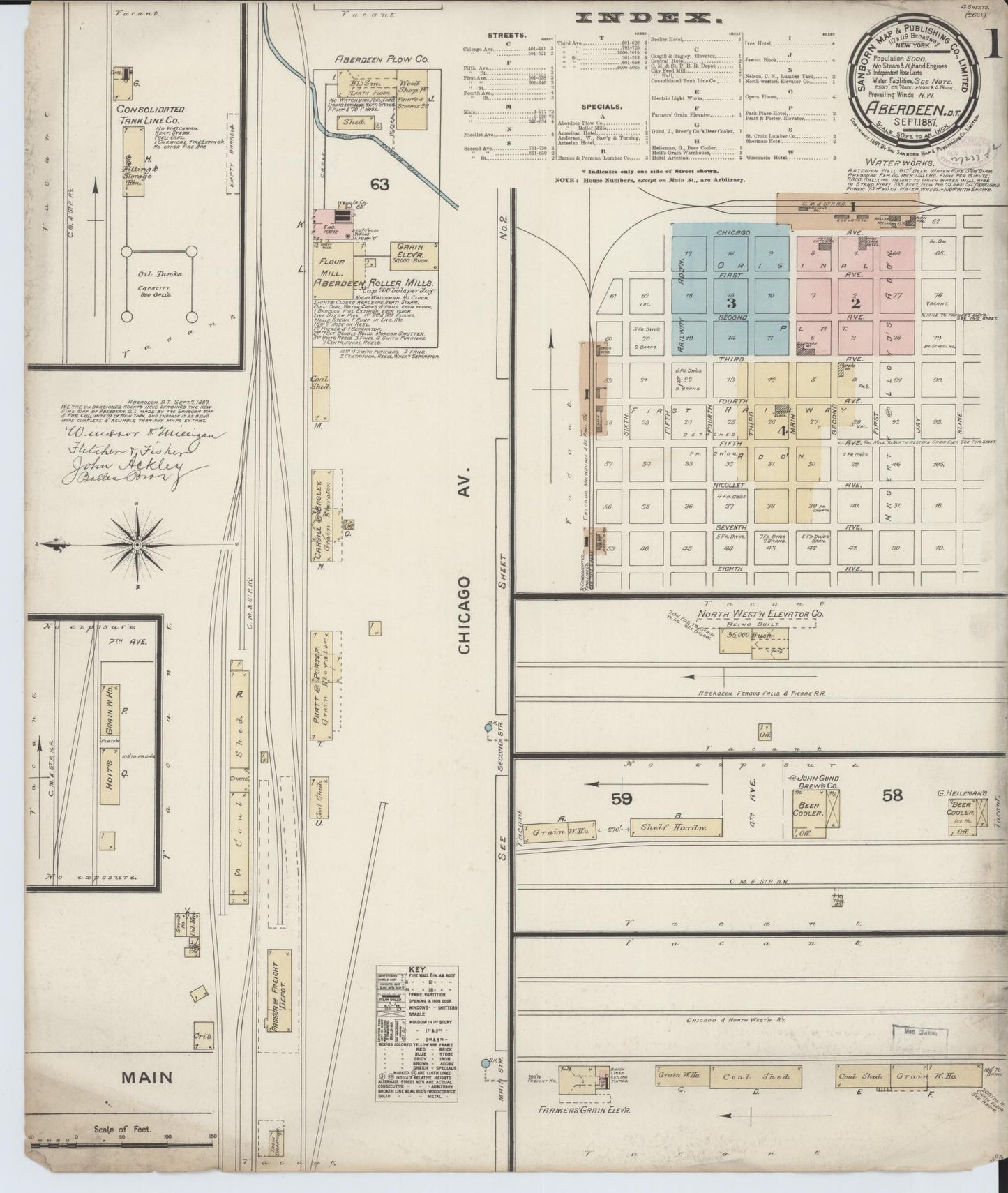Sanborn Fire Insurance Map from Aberdeen, Brown County, South Dakota (1887), Sheet #0001 - Historic Sanborn Fire Insurance Map Print, vintage old map wall art, antique decor, genealogy gift, South Dakota South Dakota map