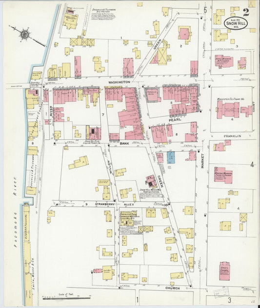 Sanborn Fire Insurance Map from Snow Hill, Worcester County, Maryland (1911), Sheet #0002 - Historic Sanborn Fire Insurance Map Print, vintage old map wall art, antique decor, genealogy gift, Maryland Maryland map