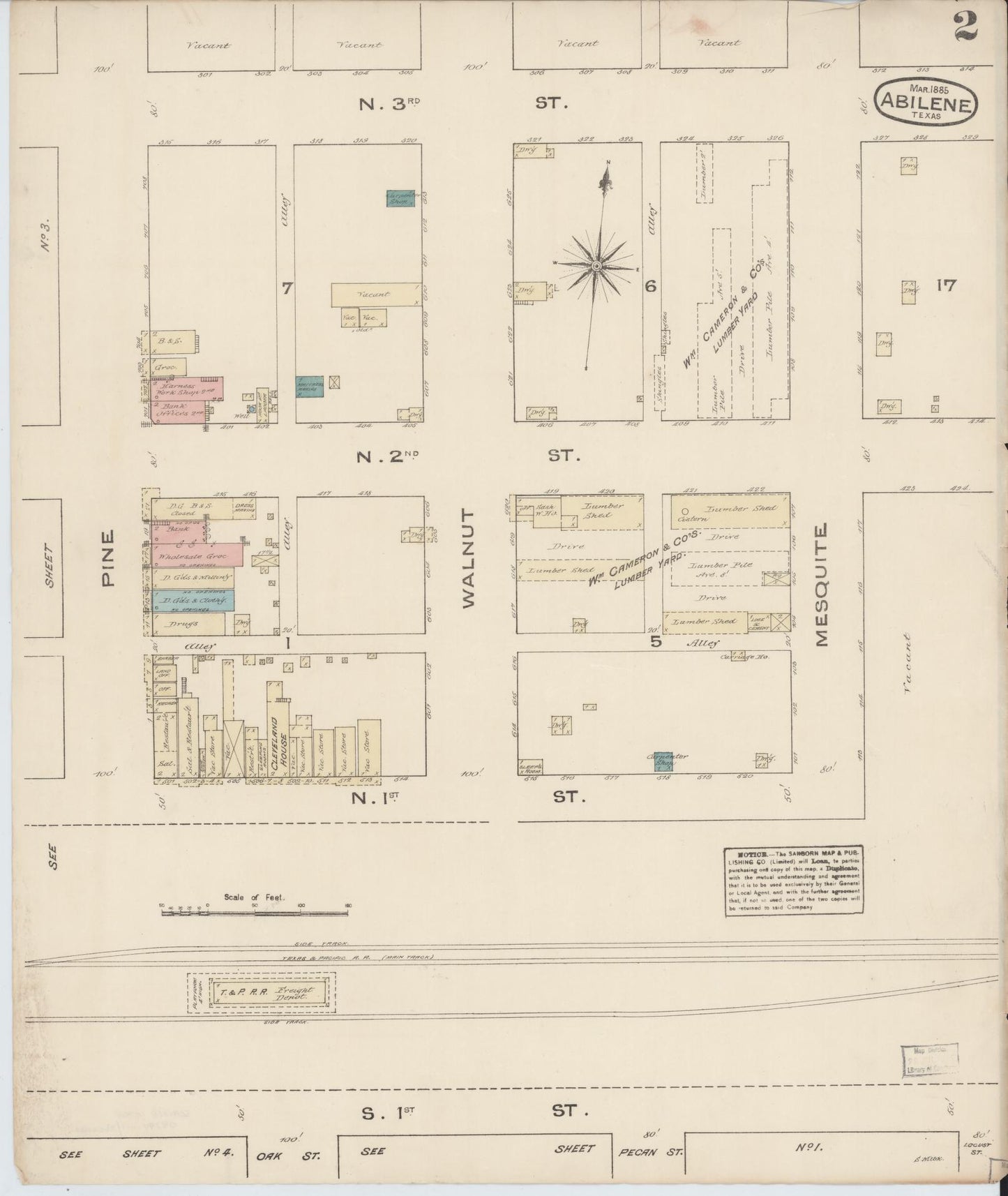 Sanborn Fire Insurance Map from Abilene, Taylor County, Texas (1885), Sheet #0002 - Historic Sanborn Fire Insurance Map Print, vintage old map wall art, antique decor, genealogy gift, Texas Texas map