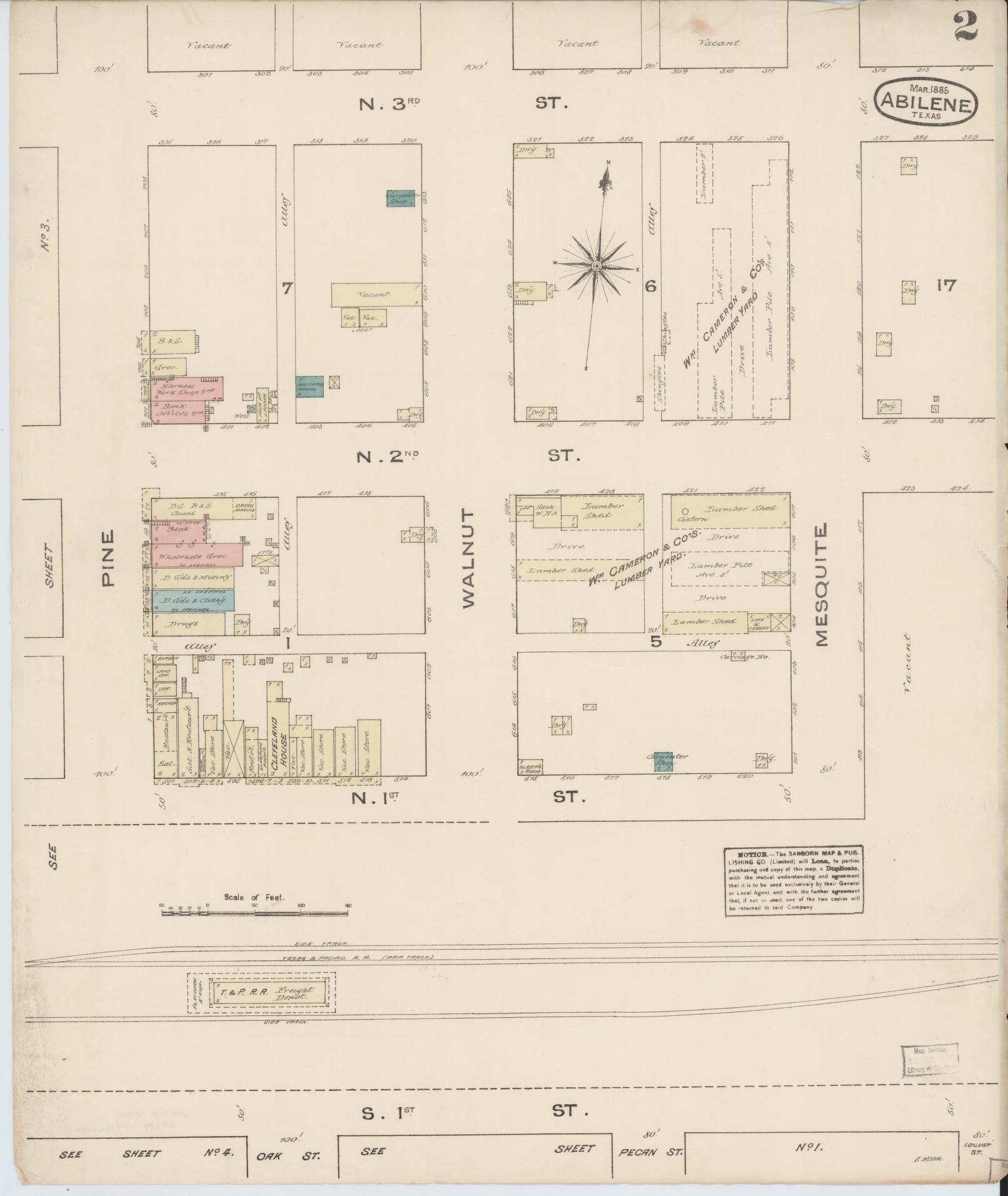 Sanborn Fire Insurance Map from Abilene, Taylor County, Texas (1885), Sheet #0002 - Historic Sanborn Fire Insurance Map Print, vintage old map wall art, antique decor, genealogy gift, Texas Texas map