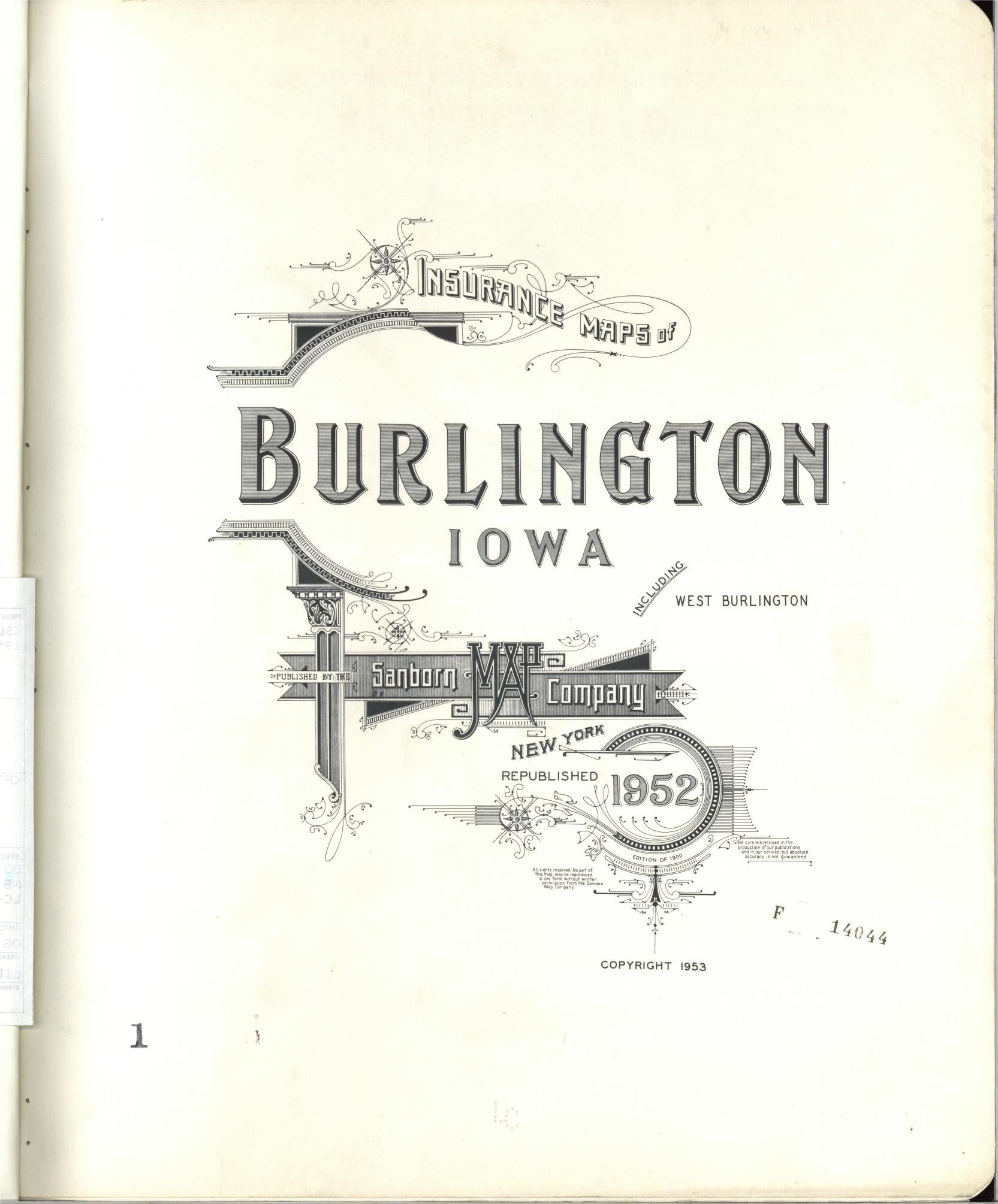 Sanborn Fire Insurance Map from Burlington, Des Moines County, Iowa (1952), Sheet #0001 - Historic Sanborn Fire Insurance Map Print, vintage old map wall art