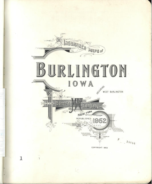 Sanborn Fire Insurance Map from Burlington, Des Moines County, Iowa (1952), Sheet #0001 - Historic Sanborn Fire Insurance Map Print, vintage old map wall art