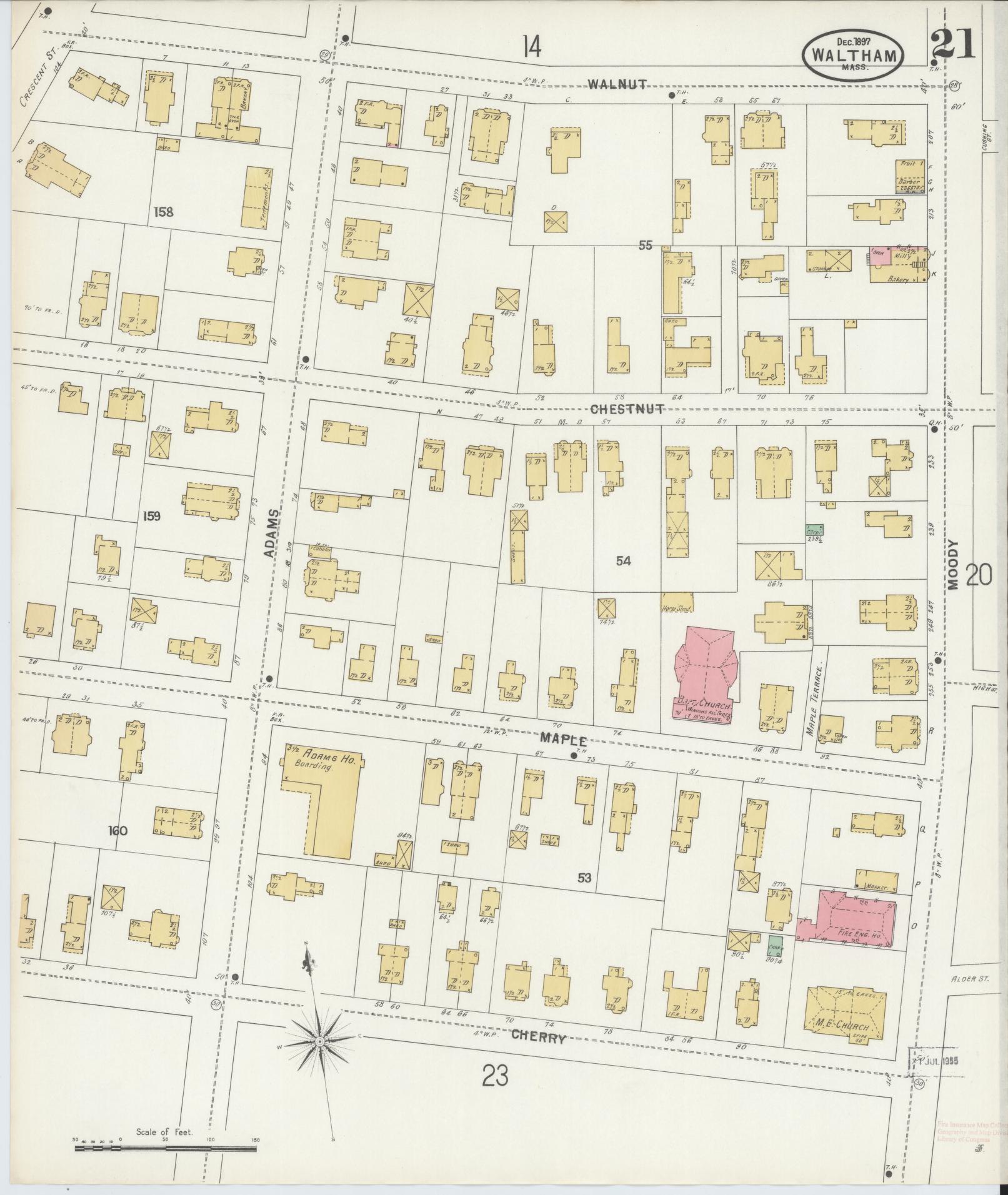 Sanborn Fire Insurance Map from Waltham, Middlesex County, Massachusetts (1897), Sheet #0021 - Historic Sanborn Fire Insurance Map Print, vintage old map wall art, antique decor, genealogy gift, Massachusetts Massachusetts map