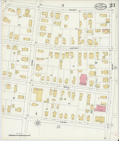 Sanborn Fire Insurance Map from Waltham, Middlesex County, Massachusetts (1897), Sheet #0021 - Historic Sanborn Fire Insurance Map Print, vintage old map wall art, antique decor, genealogy gift, Massachusetts Massachusetts map