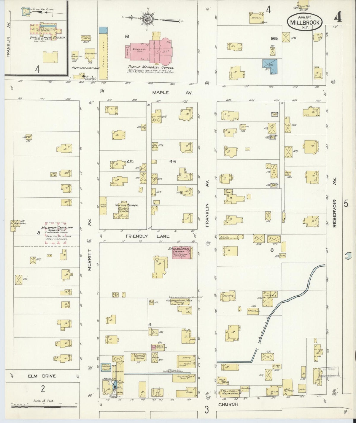 Sanborn Fire Insurance Map from Millbrook, Dutchess County, New York (1913), Sheet #0004 - Historic Sanborn Fire Insurance Map Print, vintage old map wall art, antique decor, genealogy gift, New York New York map