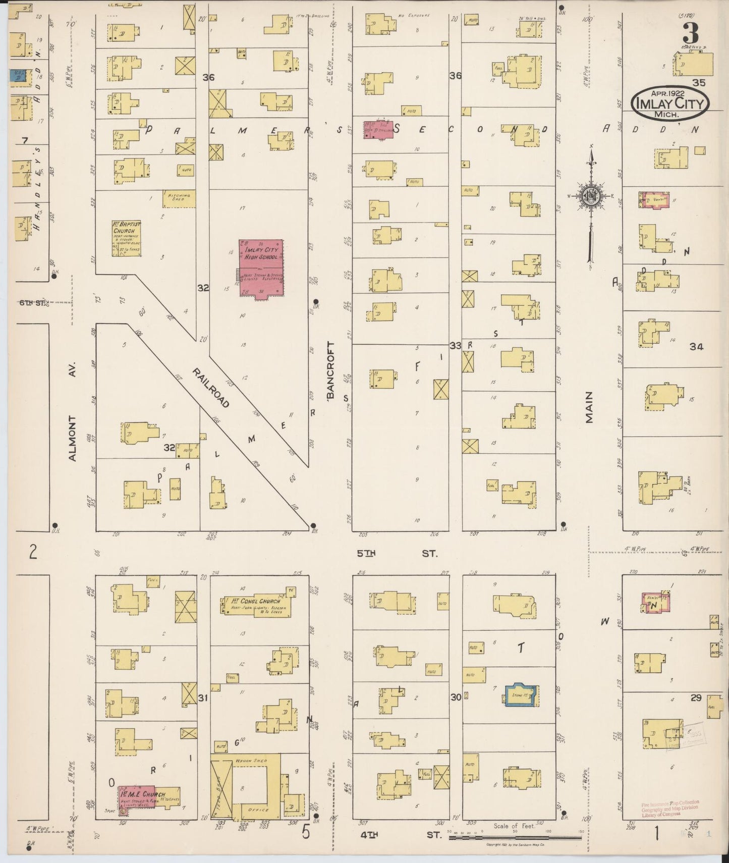 Sanborn Fire Insurance Map from Imlay City, Lapeer County, Michigan (1922), Sheet #0003 - Historic Sanborn Fire Insurance Map Print, vintage old map wall art, antique decor, genealogy gift, Michigan Michigan map