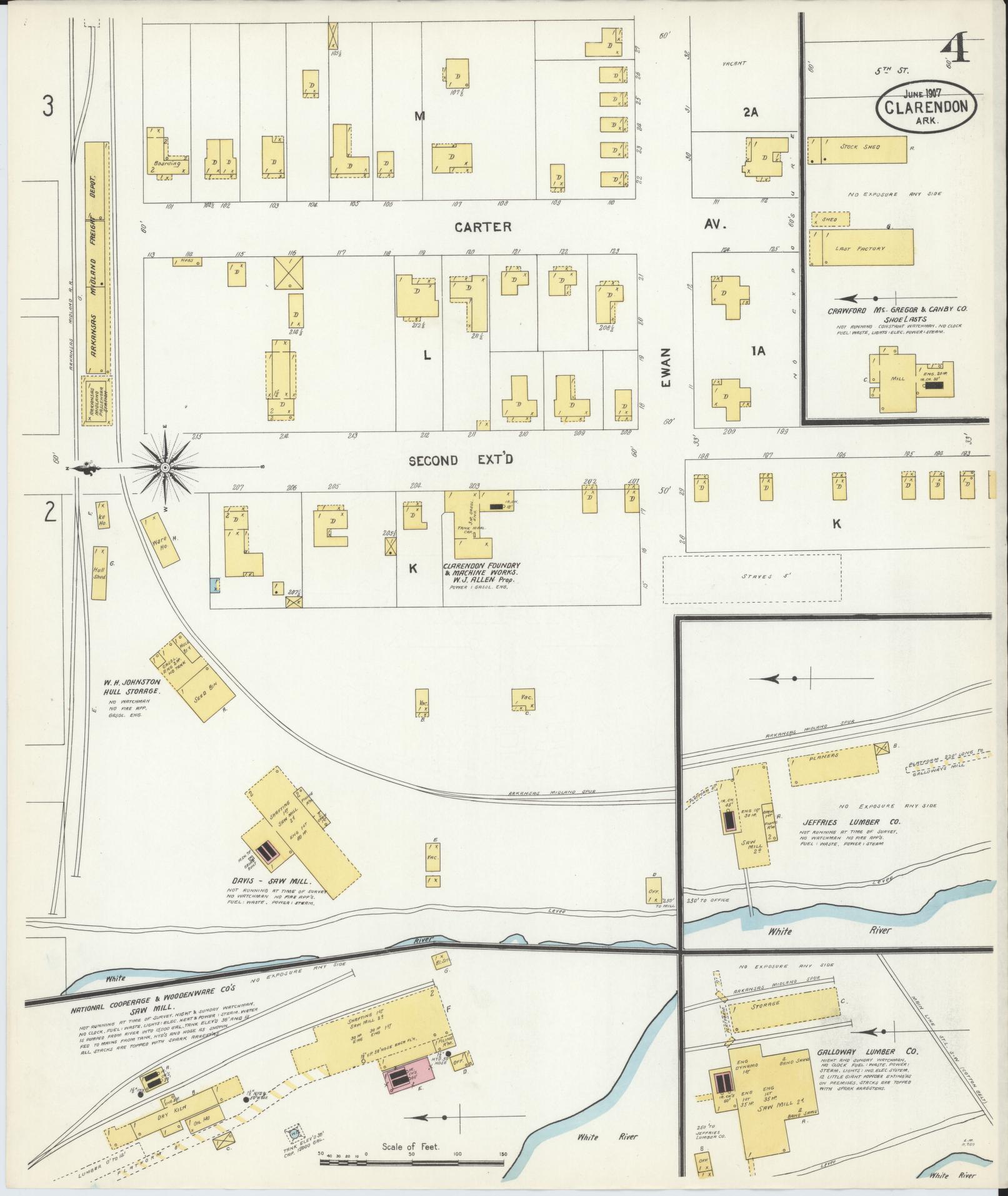 Sanborn Fire Insurance Map from Clarendon, Monroe County, Arkansas (1907), Sheet #0004 - Complete Map Set gallery image, historic Sanborn map, vintage wall art, Arkansas Arkansas