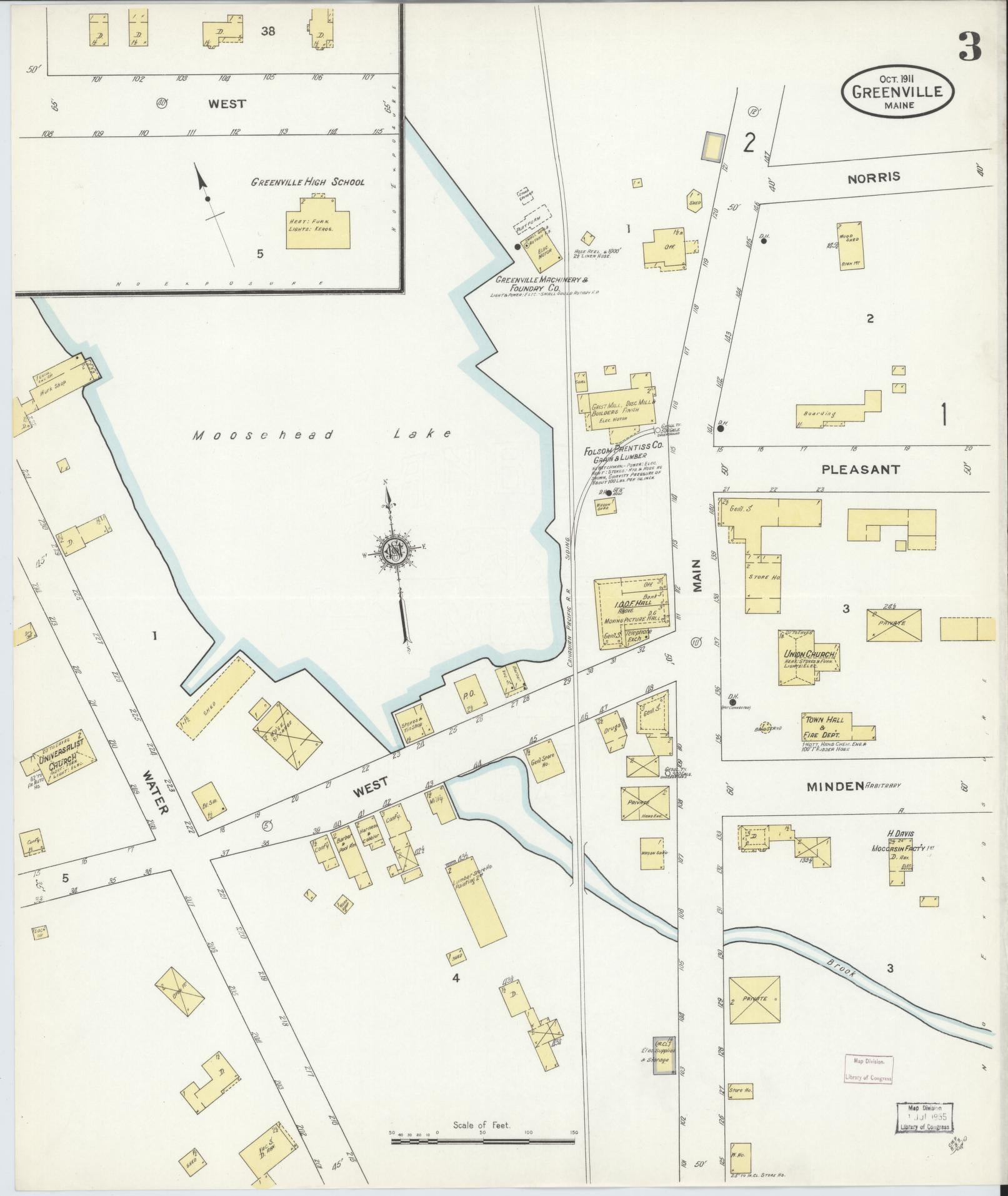 Sanborn Fire Insurance Map from Greenville, Piscataquis County, Maine (1911), Sheet #0003 - Historic Sanborn Fire Insurance Map Print, vintage old map wall art, antique decor, genealogy gift, Maine Maine map