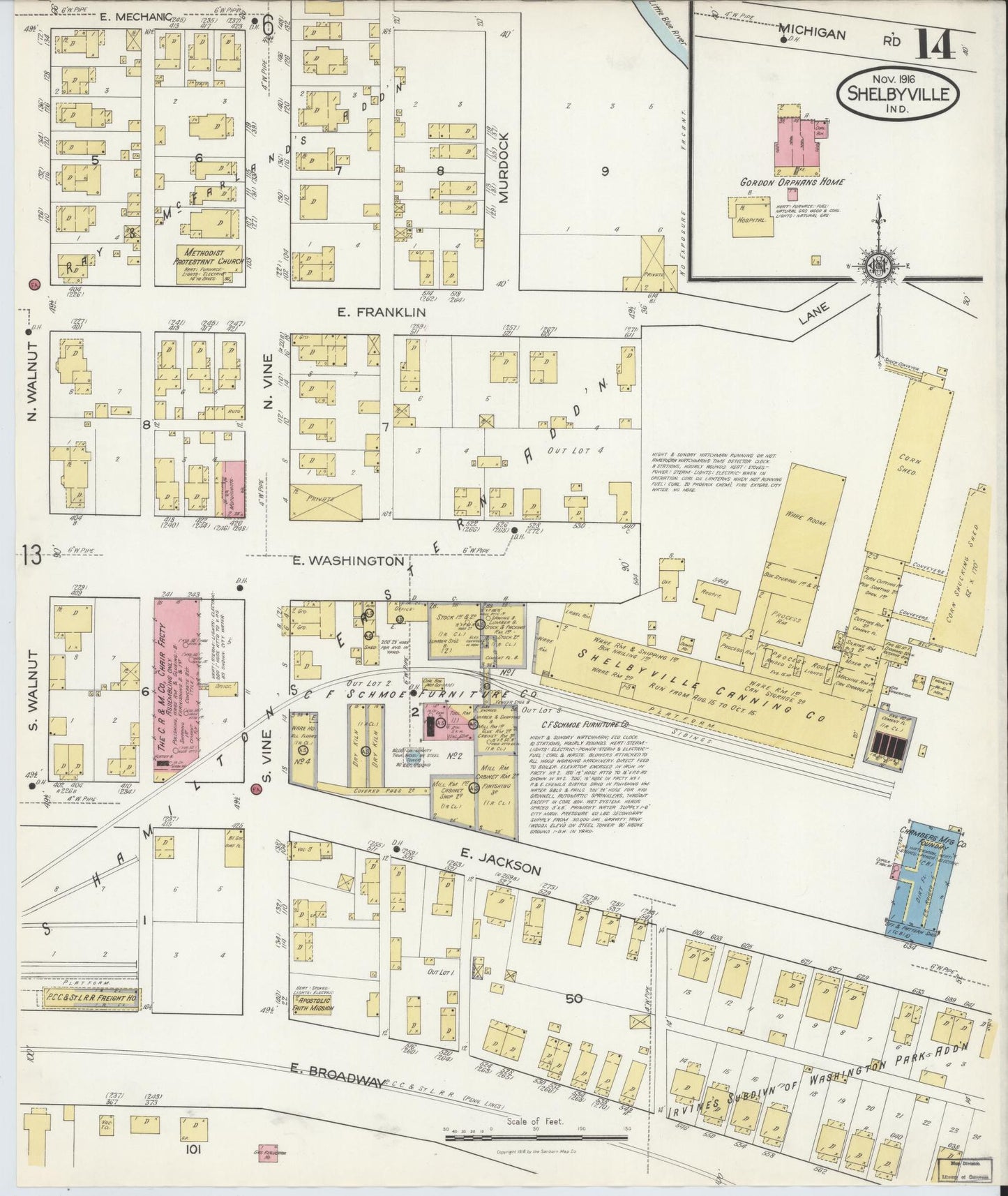 Sanborn Fire Insurance Map from Shelbyville, Shelby County, Indiana (1916), Sheet #0014 - Historic Sanborn Fire Insurance Map Print, vintage old map wall art, antique decor, genealogy gift, Indiana Indiana map