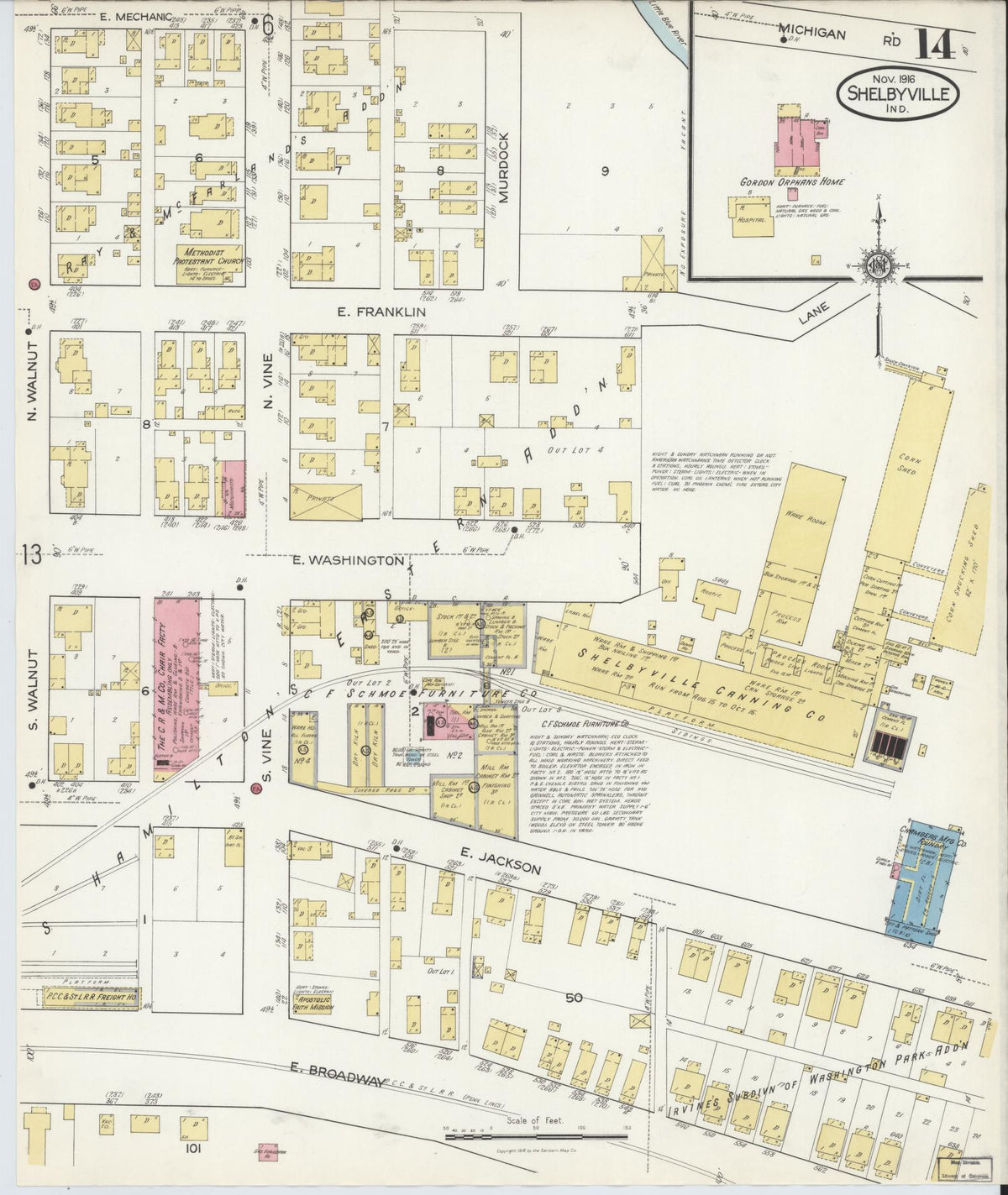 Sanborn Fire Insurance Map from Shelbyville, Shelby County, Indiana (1916), Sheet #0014 - Historic Sanborn Fire Insurance Map Print, vintage old map wall art, antique decor, genealogy gift, Indiana Indiana map