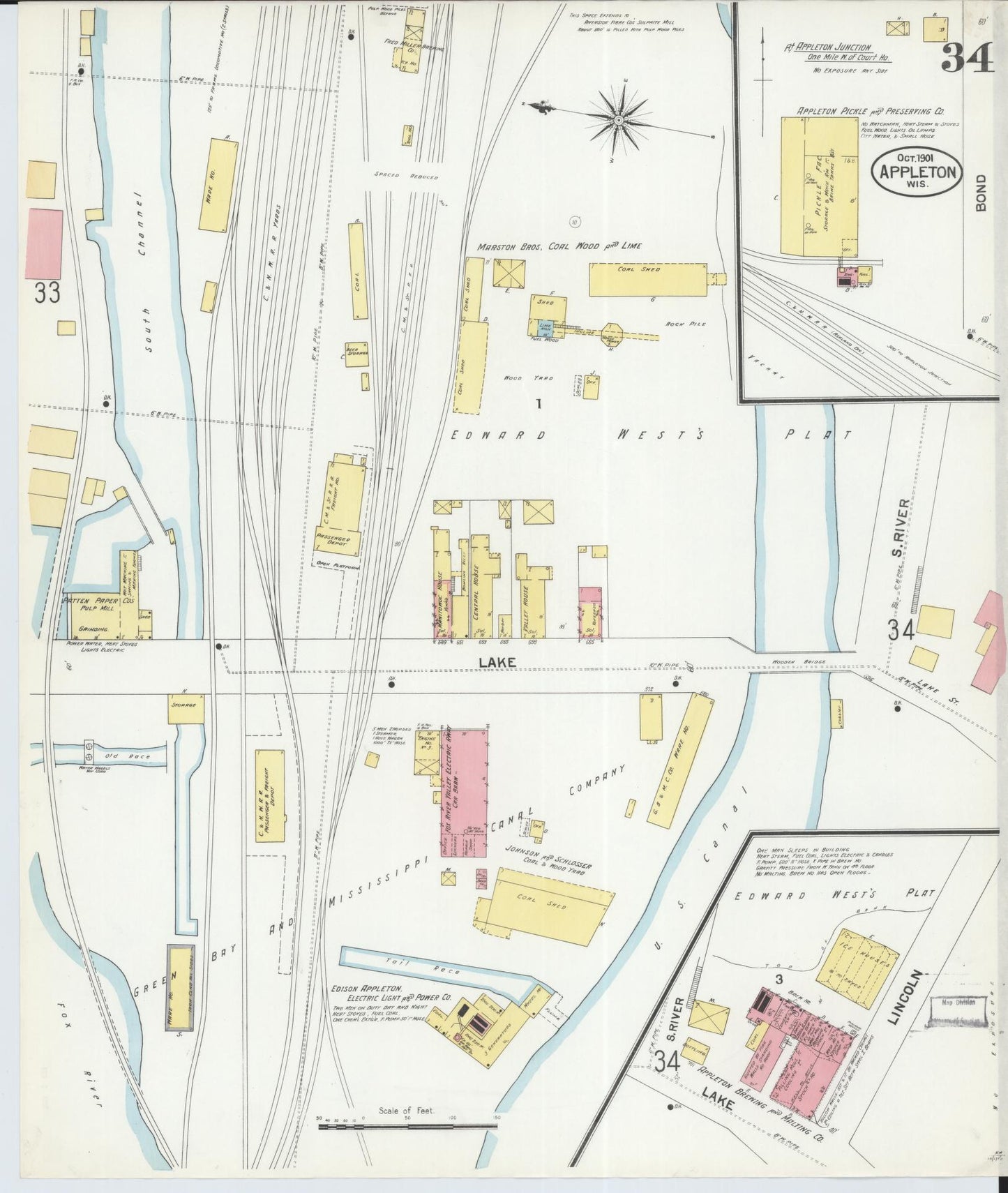 Sanborn Fire Insurance Map from Appleton, Outagamie County, Wisconsin (1901), Sheet #0034 - Historic Sanborn Fire Insurance Map Print, vintage old map wall art, antique decor, genealogy gift, Wisconsin Wisconsin map