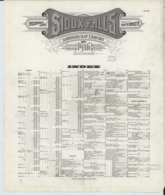 Sanborn Fire Insurance Map from Sioux Falls, Minnehaha County, South Dakota. (1916) – Historic Sanborn Fire Insurance Map Print